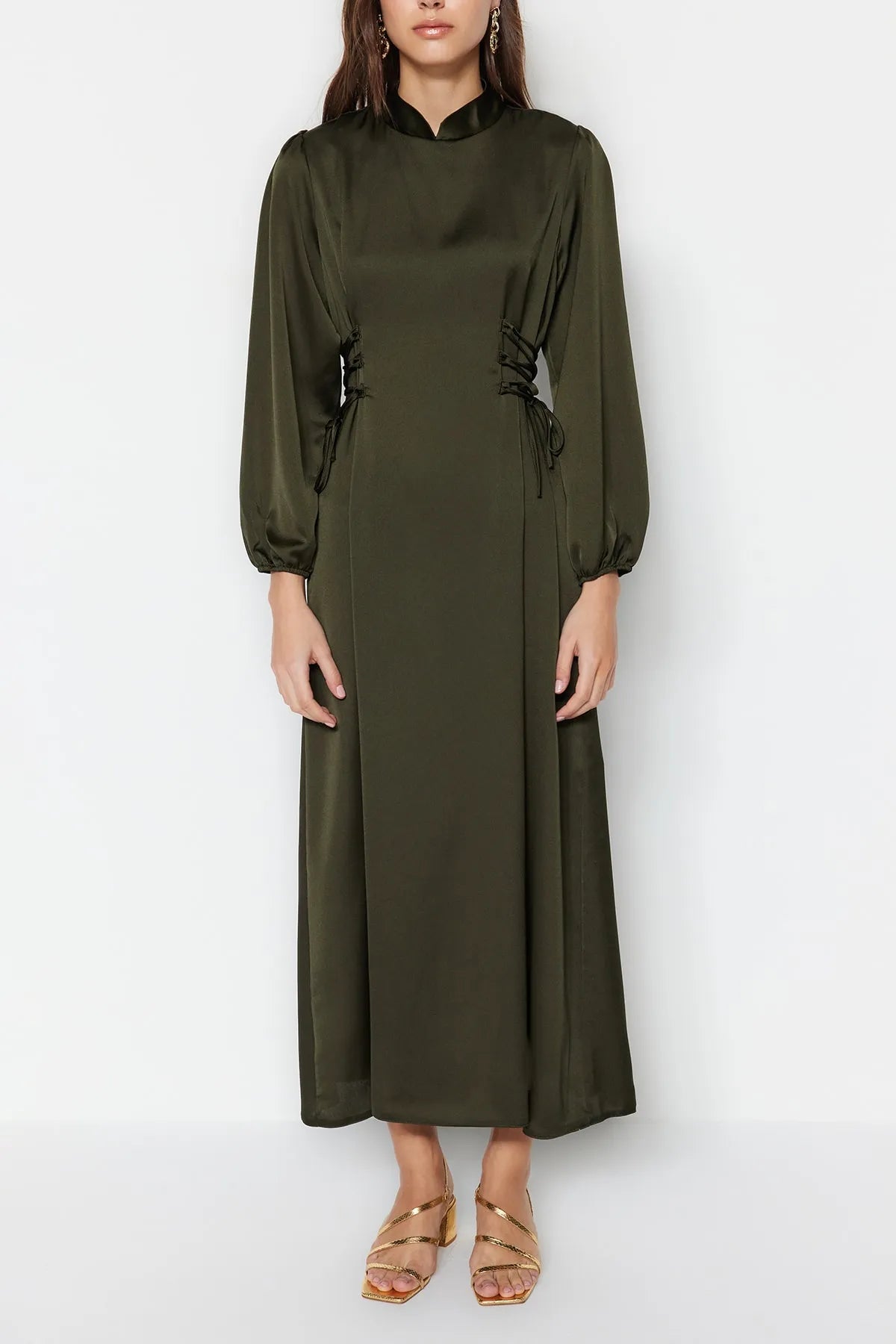 Khaki Belted Satin Evening Dress - sonafey