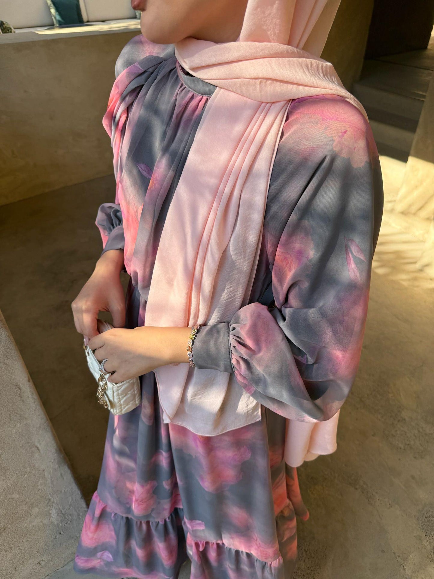 Dusty Pink Pastel Floral Chiffon Maxi Dress