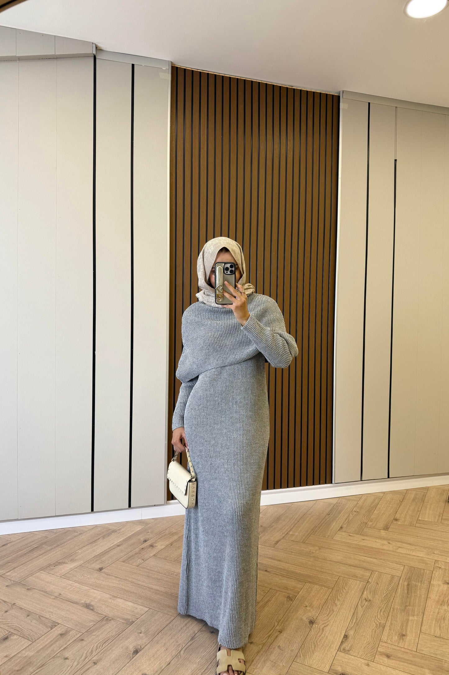Cape-Detail Knit Dress – Gray