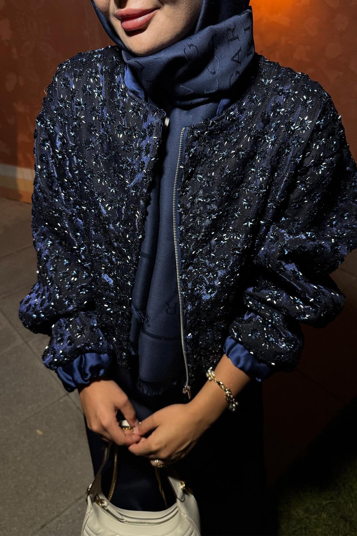 Navy Blue Satin Jacket with Sequins