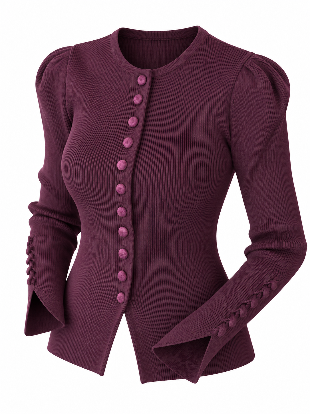 Mercerized Puff-Sleeve Cardigan - Plum