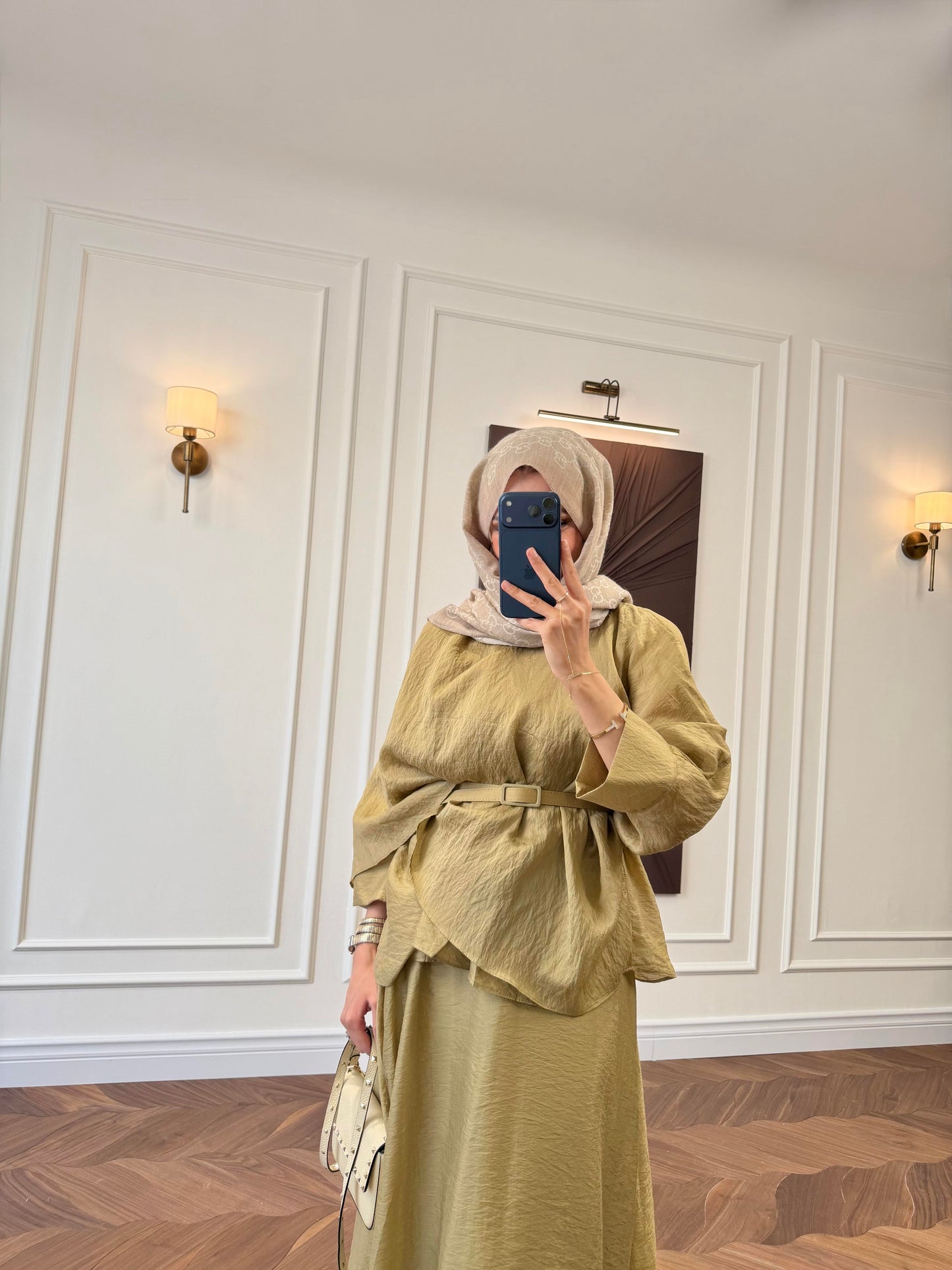 Belted Cape-Sleeve Top & Flared Maxi Skirt Co-ord Set Sage Green