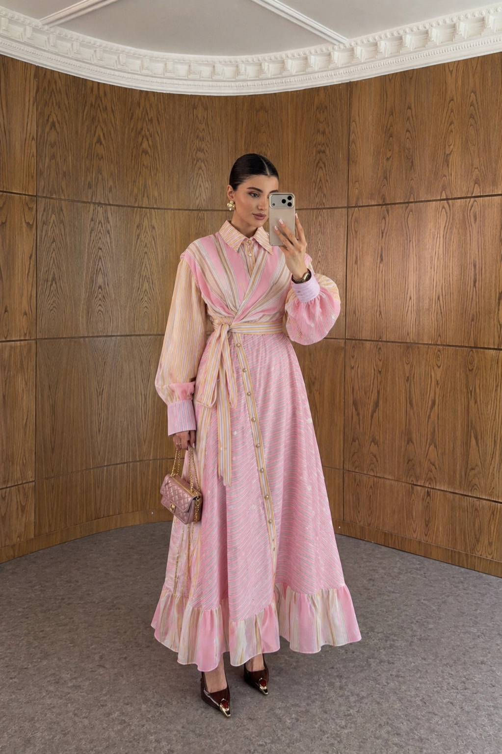 Pink Pastel Stripe Wrap Dress with Balloon Sleeves and Waist Tie