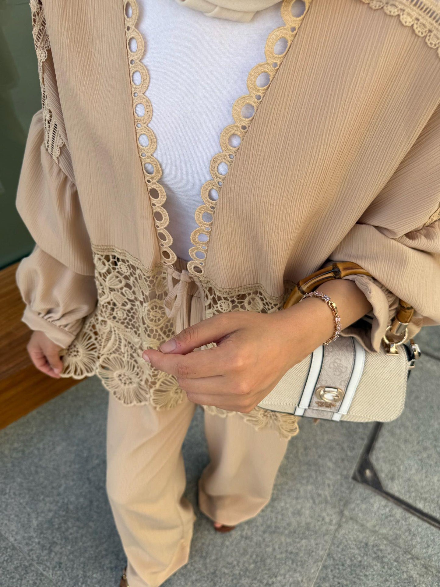 Lace-Trimmed Beige Crinkle Fabric Kimono & Pants Set