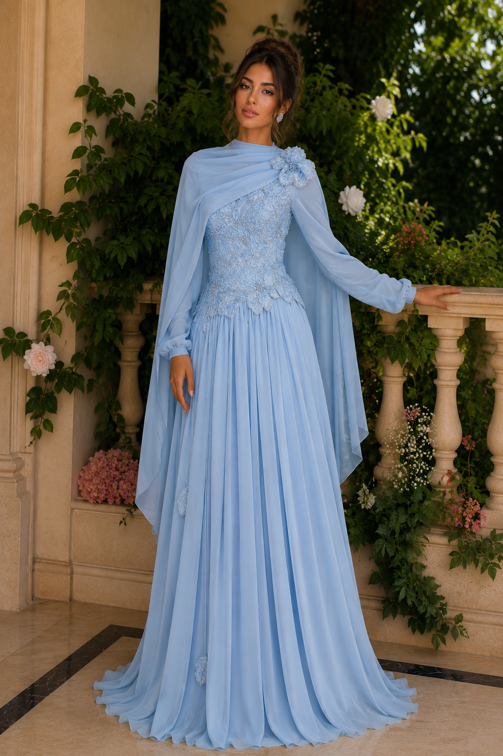 Maya Baby Blue 3D Floral Evening Dress –Formal Gown
