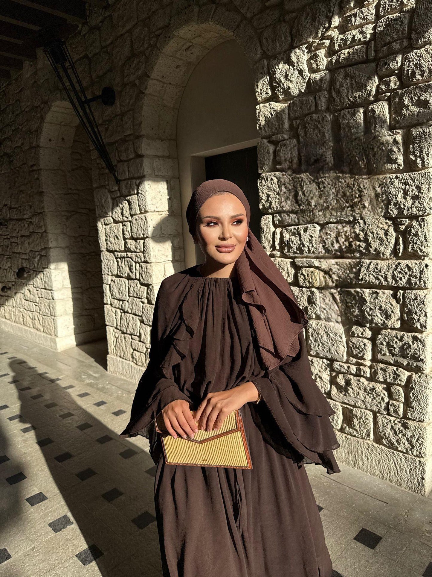Farah Brown Chiffon Dress with Ruffle Details
