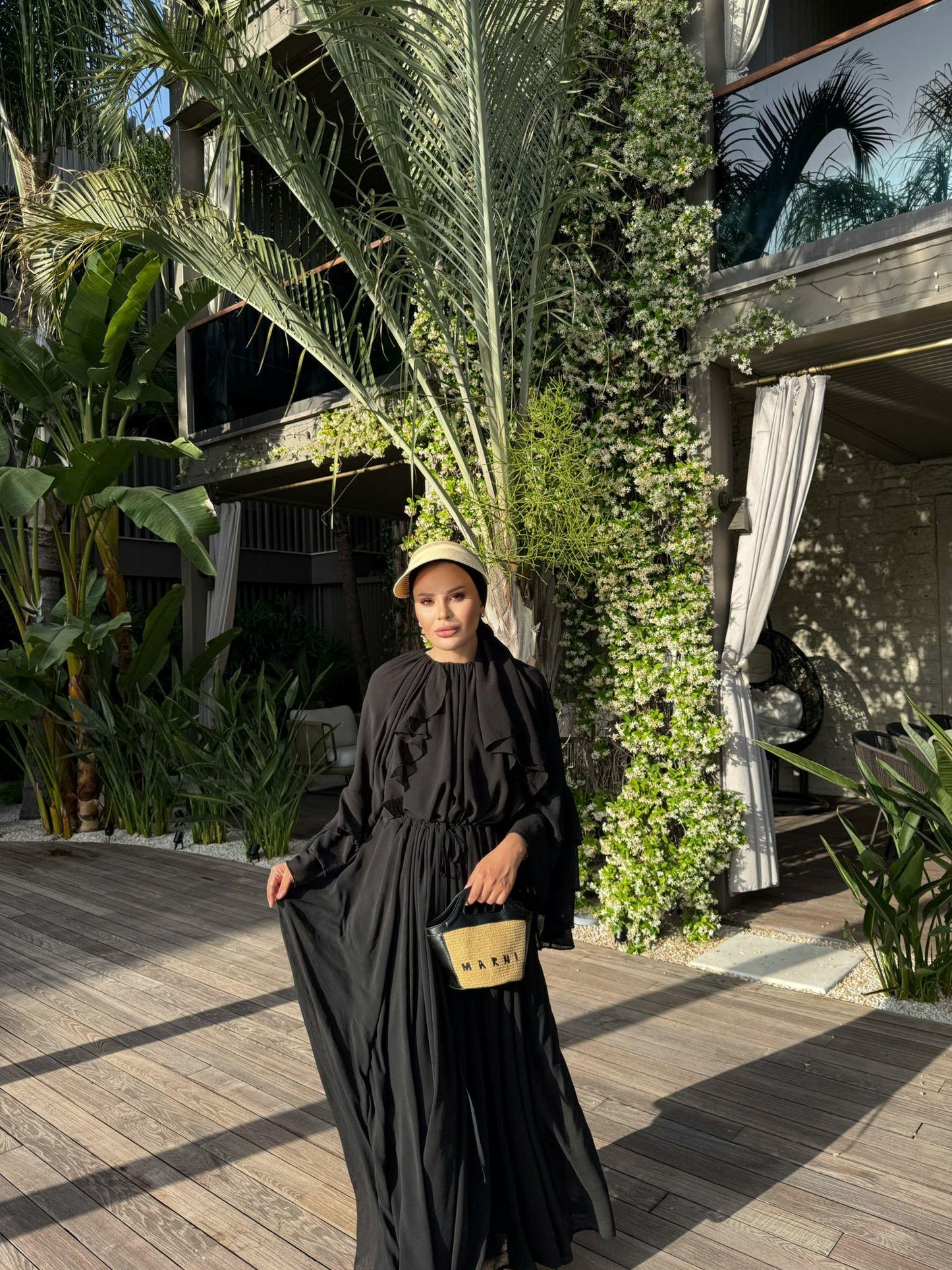 Farah Black Chiffon Dress with Ruffle Details