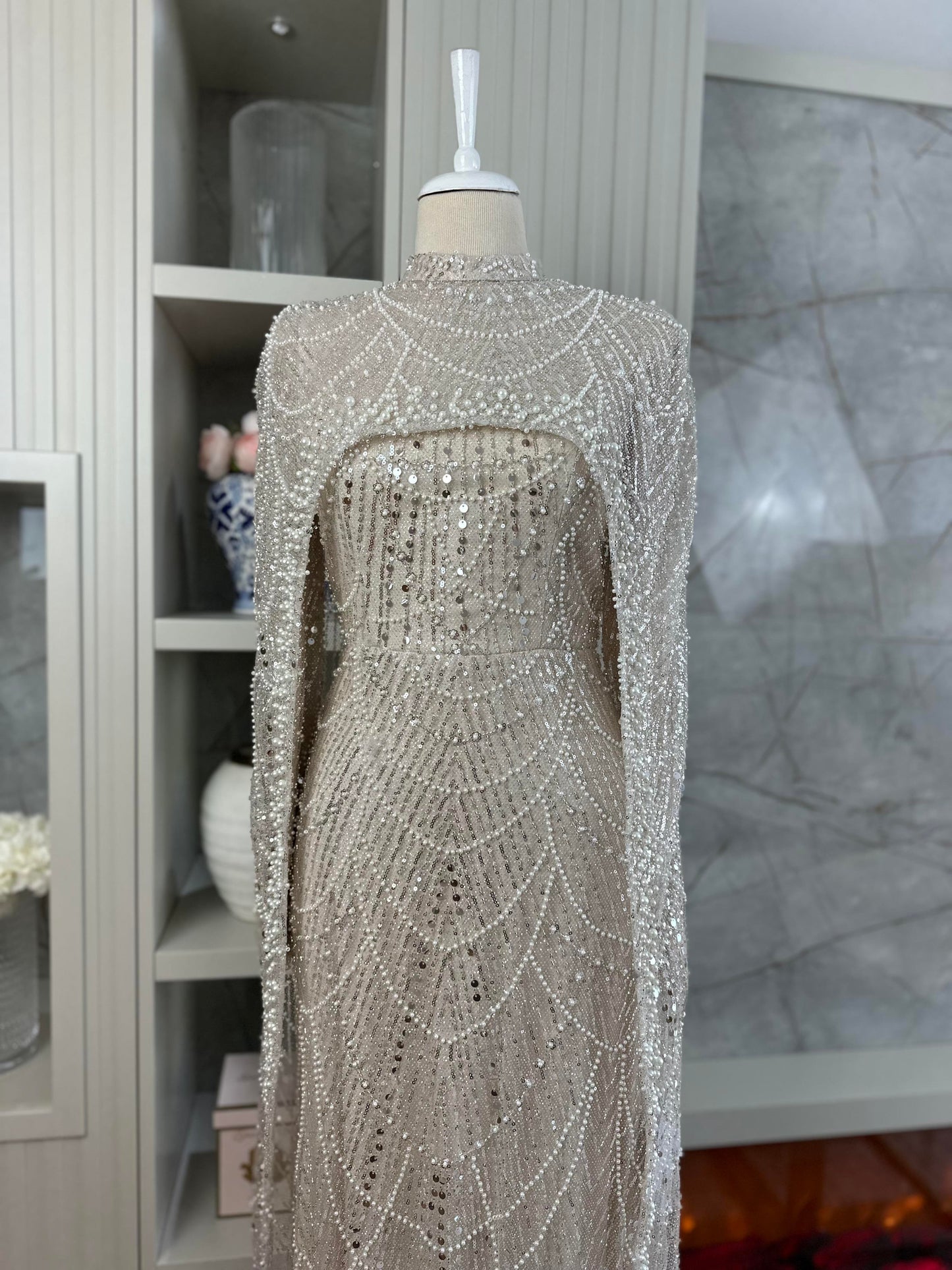 Beaded Cream Modest Evening Gown