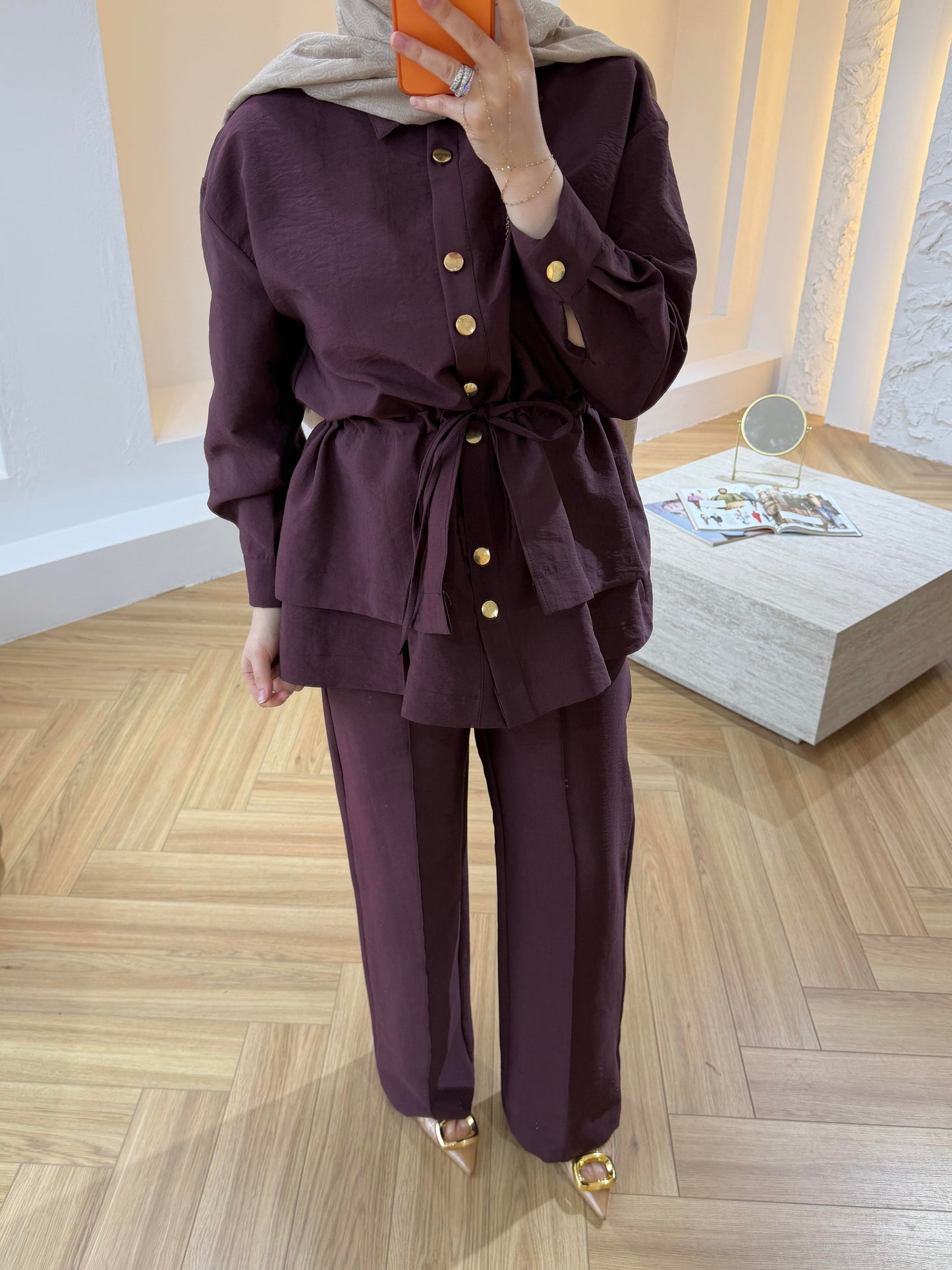 Gold Button Co-ord Cupro Set – Drawstring Jacket & Wide Leg Trousers - Burgundy