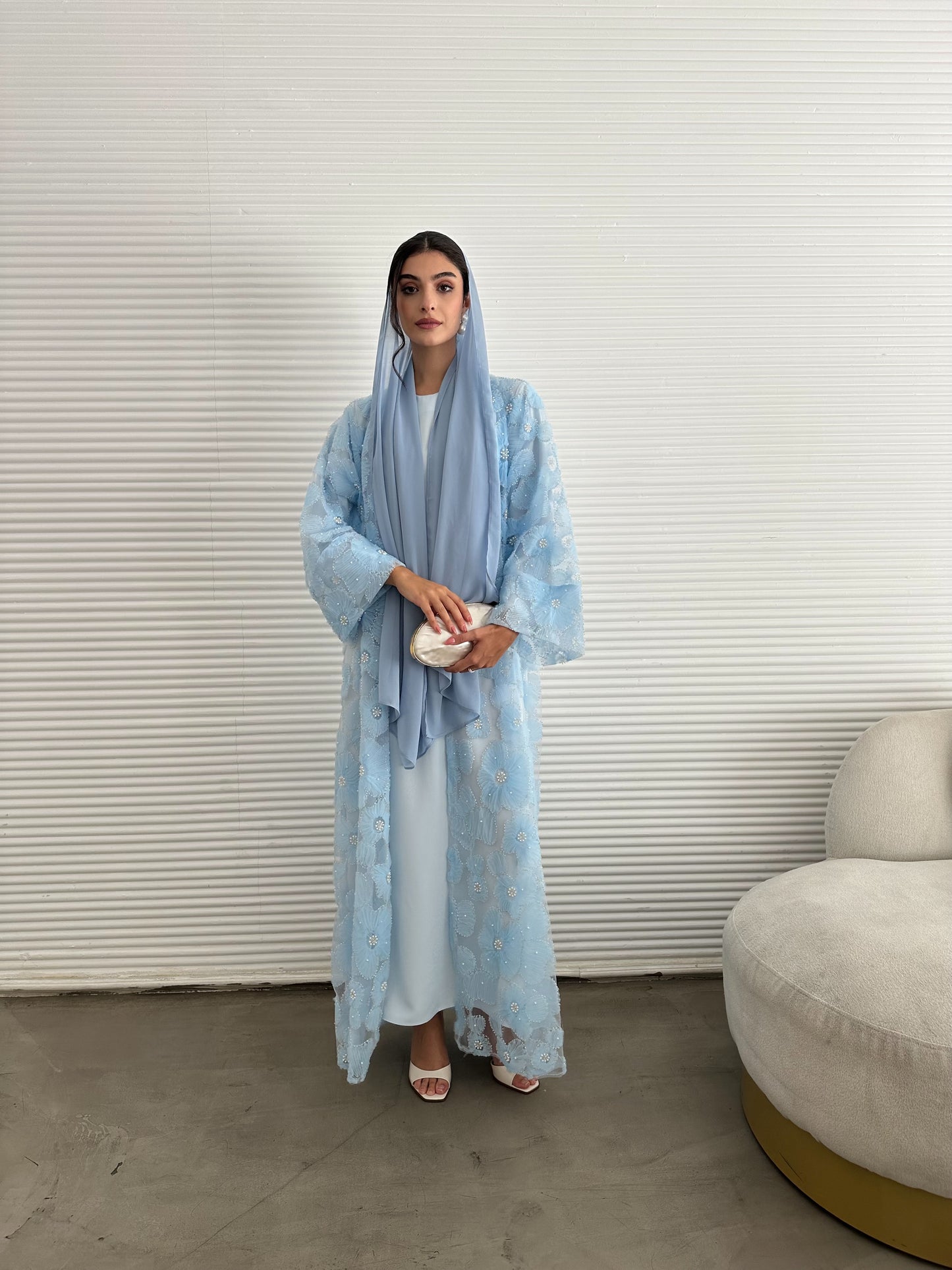 Pastel Pearls 3-Piece Abaya Set – Baby Blue (Limited Edition)