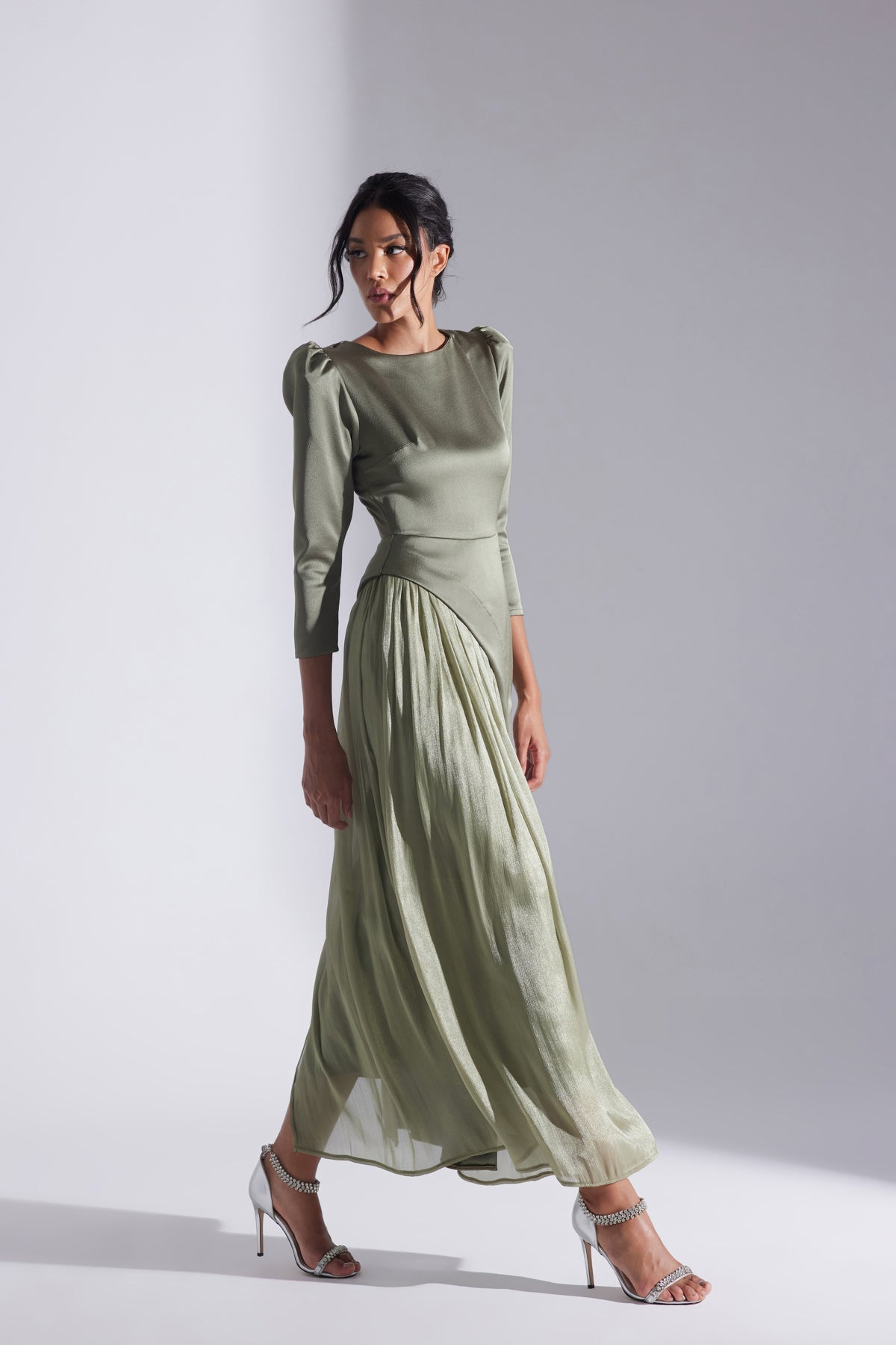 Sage Green Asymmetric Detailed Chiffon Skirt Wedding Dress