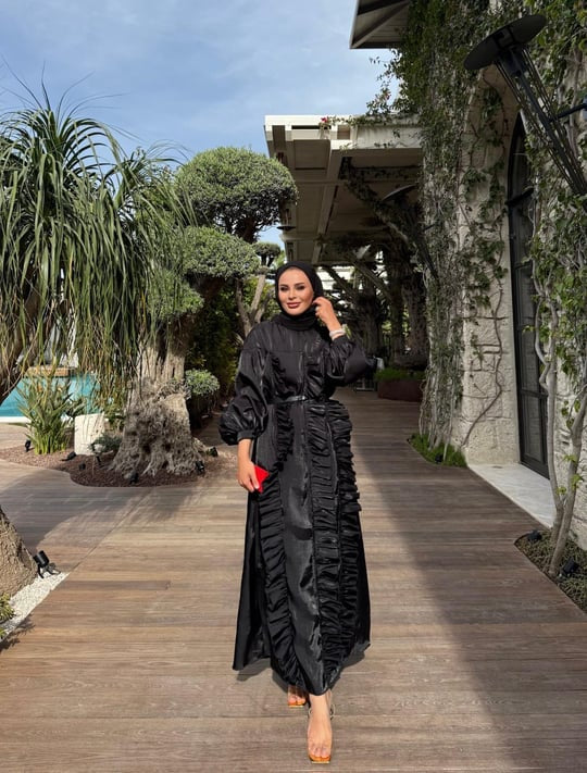 Layla Satin Black Evening Dress with Ruffle Detail