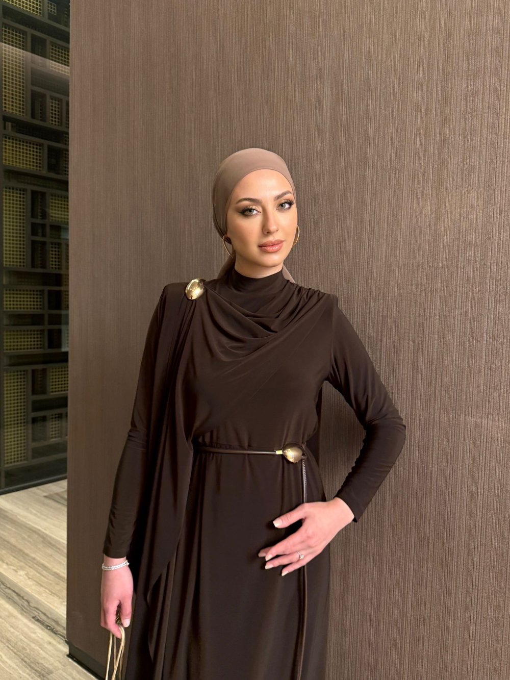 Shawl Collar Evening Dress with Brooch and Belt Detail