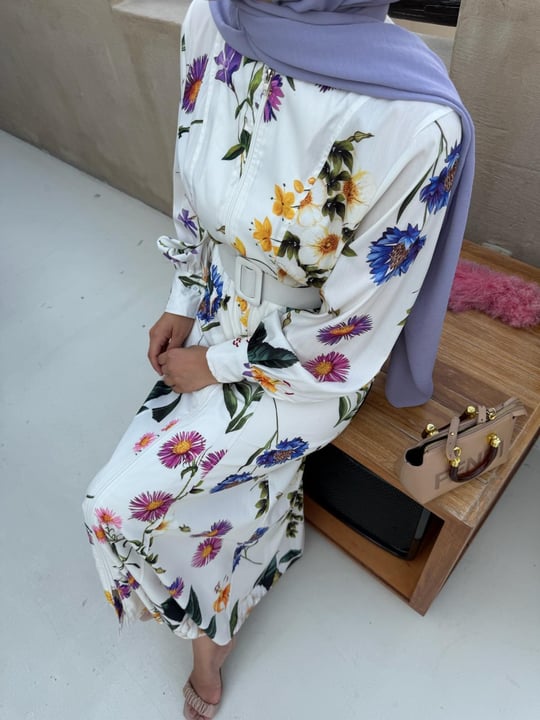 Floral White Belted Dress