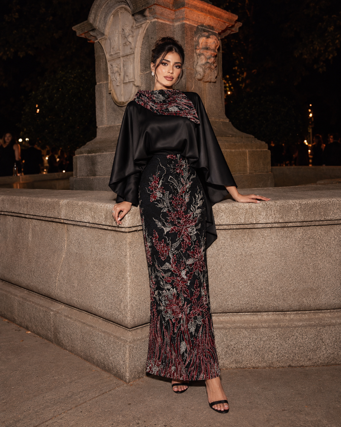 Grace Stone-Embellished Modest Satin Cape Pencil Dress - Evening Dress - Black Red