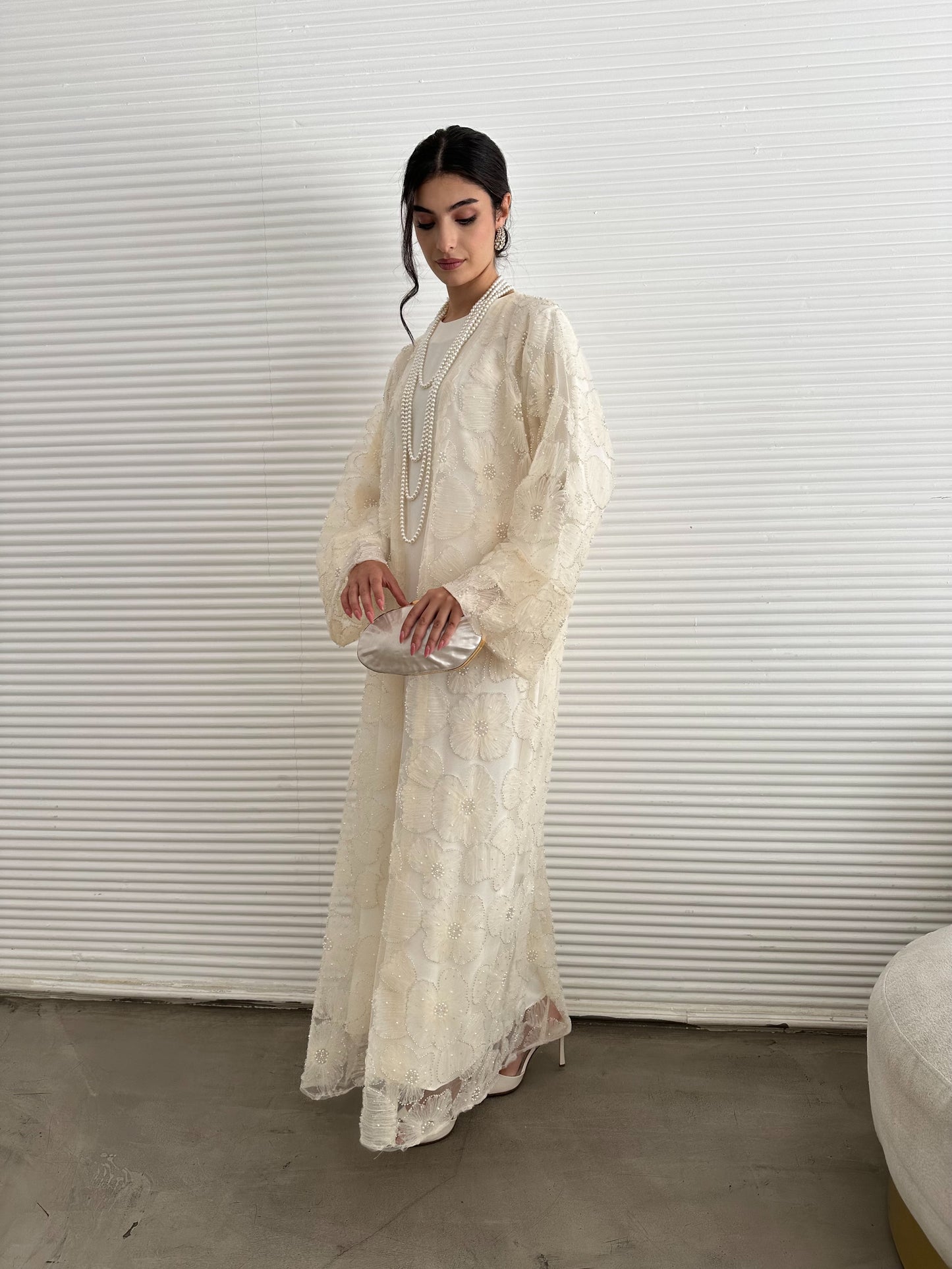 Pastel Pearls 3-Piece Abaya Set – Cream (Limited Edition)
