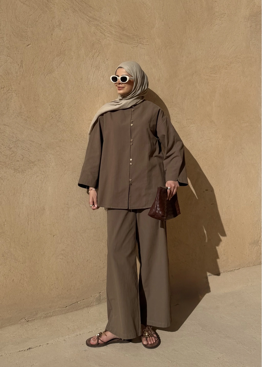 Khaki Button Detail Linen Set – Adjustable Waist