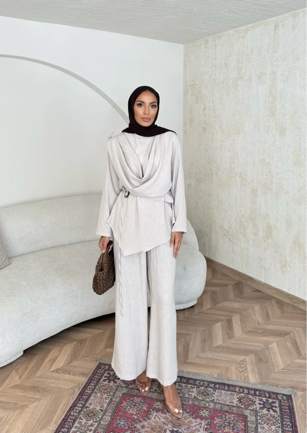 Beige Linen Shawl Collar Set