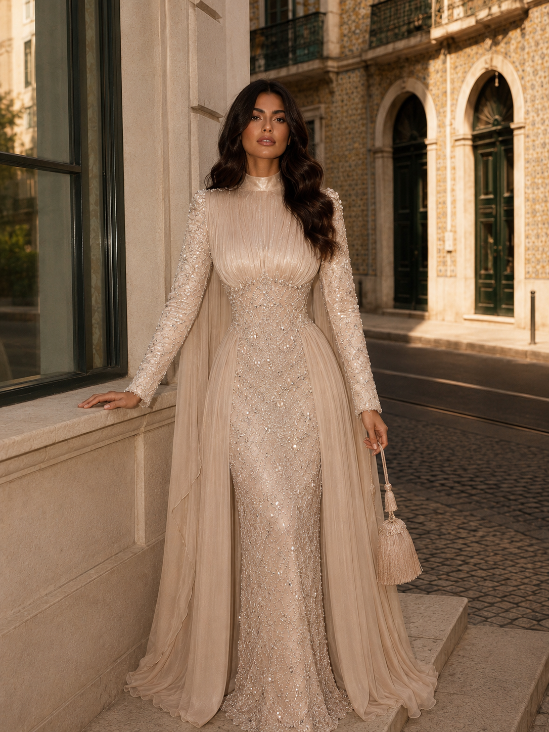 Shirine Cape-Effect Modest Evening Dress in Beige