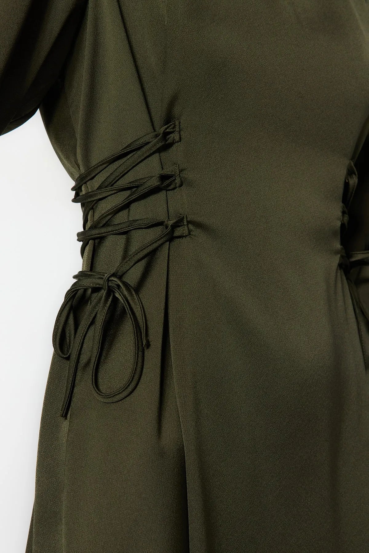 Khaki Belted Satin Evening Dress - sonafey