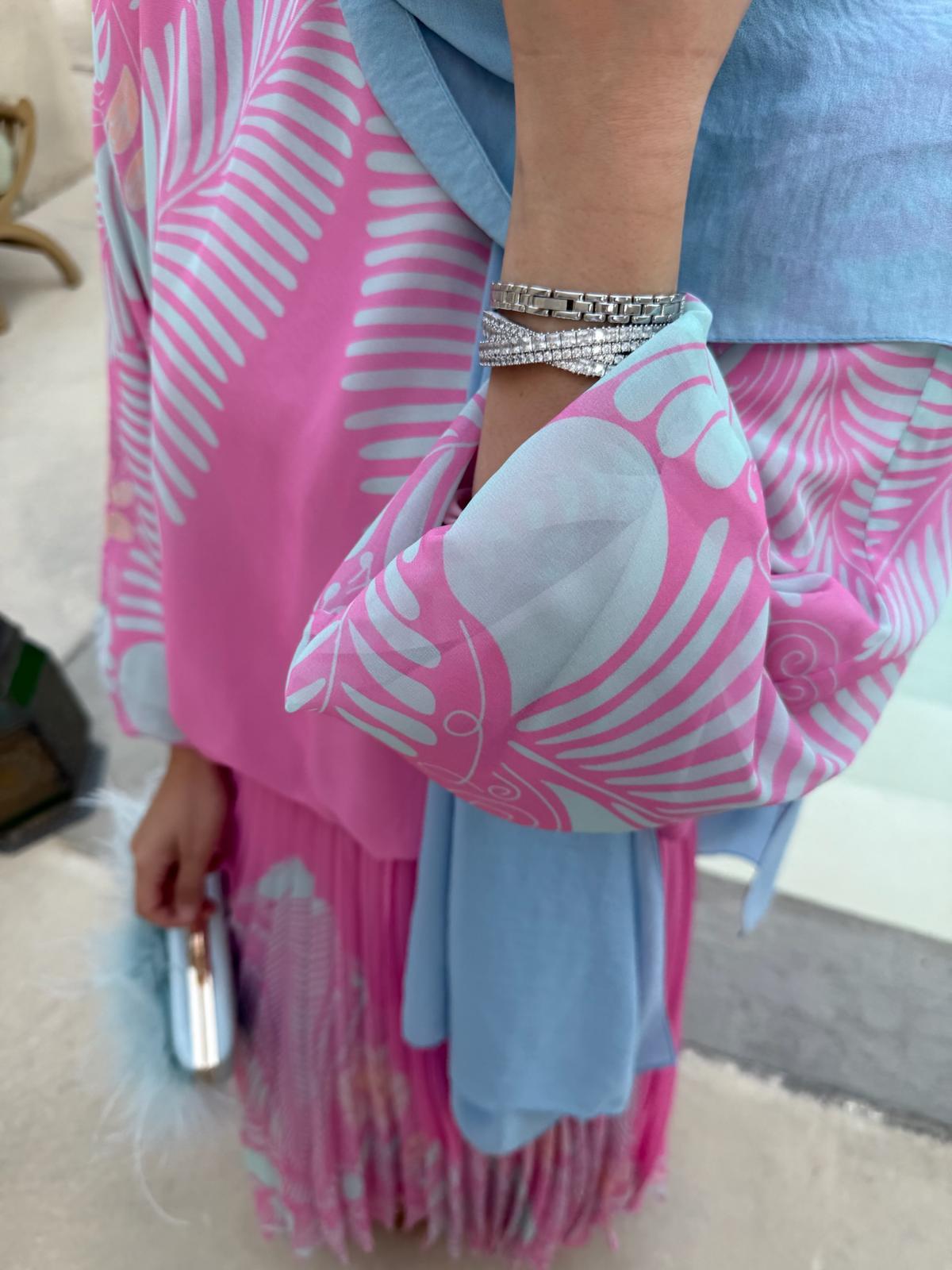 Pink Chiffon Printed Pleated Skirt & Blouse Set