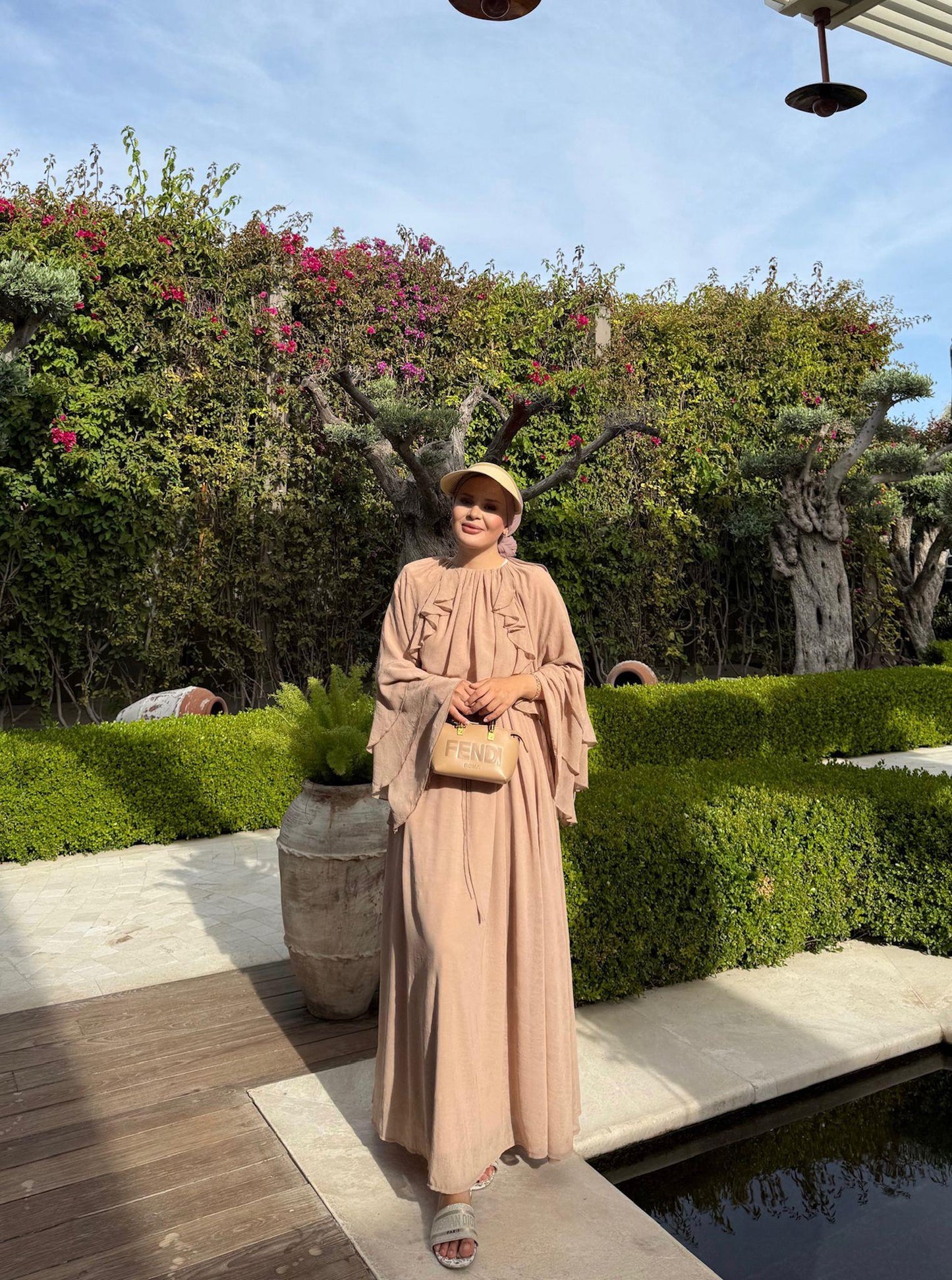 Farah Beige Chiffon Dress with Ruffle Details