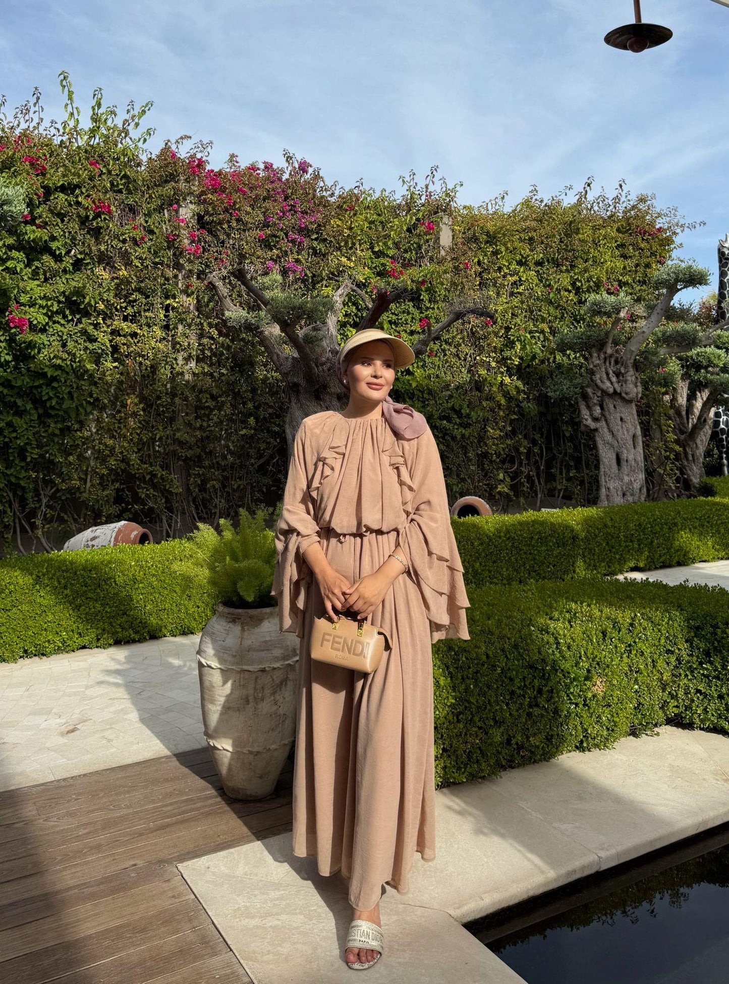 Farah Beige Chiffon Dress with Ruffle Details