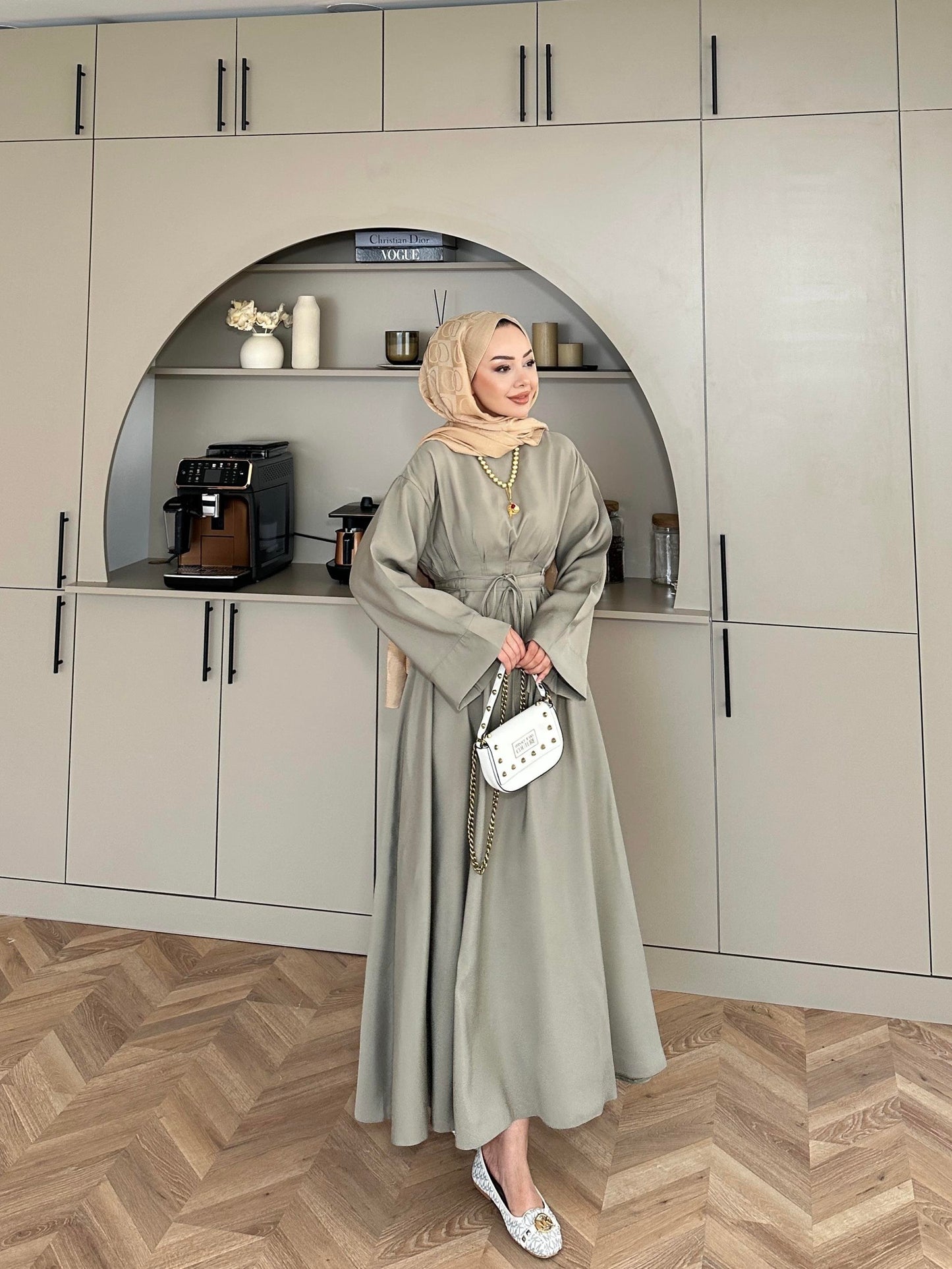 Fitted Waist Maxi Dress in Modal Fabric- Khaki