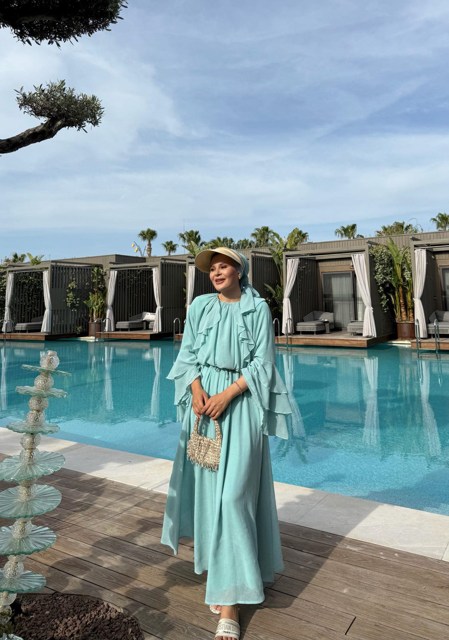 Farah Mint Green Chiffon Dress with Ruffle Details