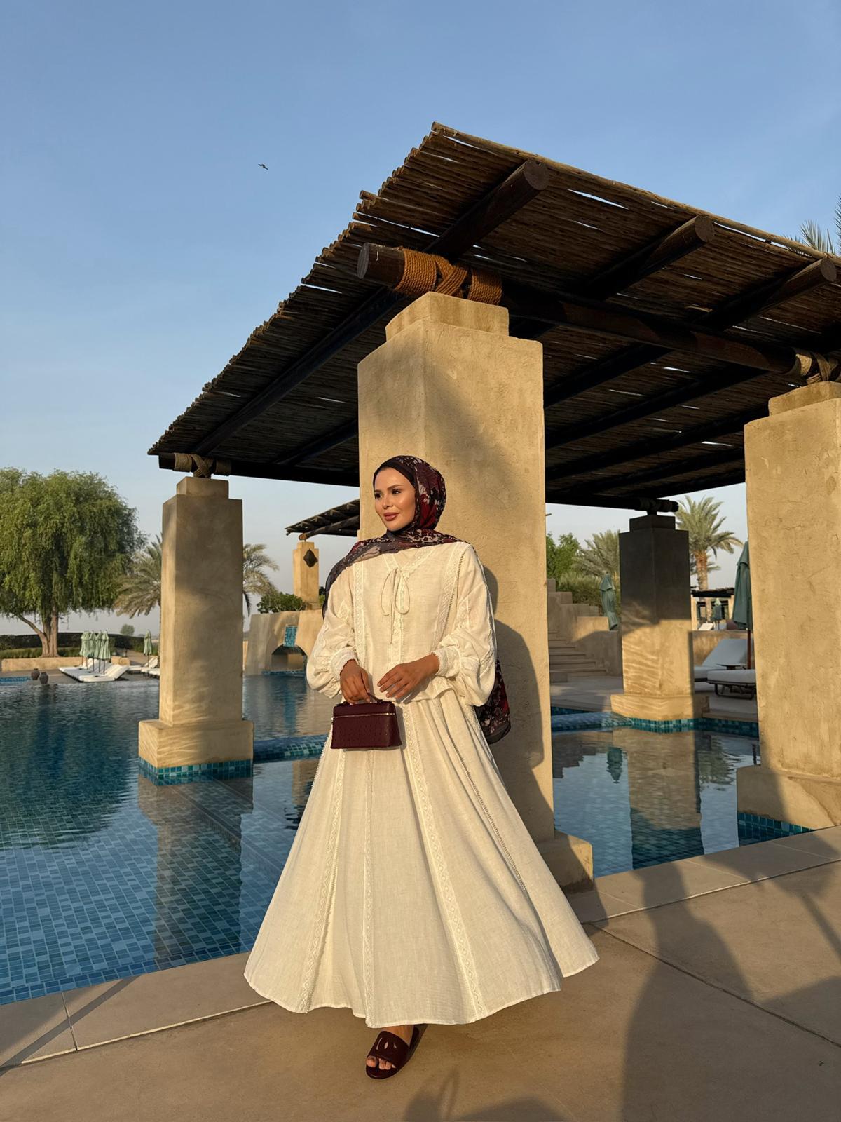 Cotton-Blend Blouse and Skirt Set with Lace Trim in Ecru