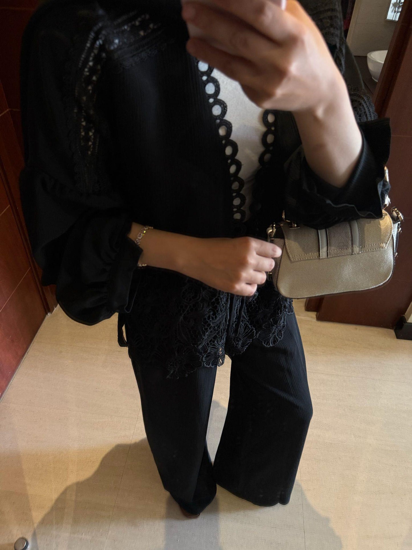 Lace-Trimmed Black Crinkle Fabric Kimono & Pants Set