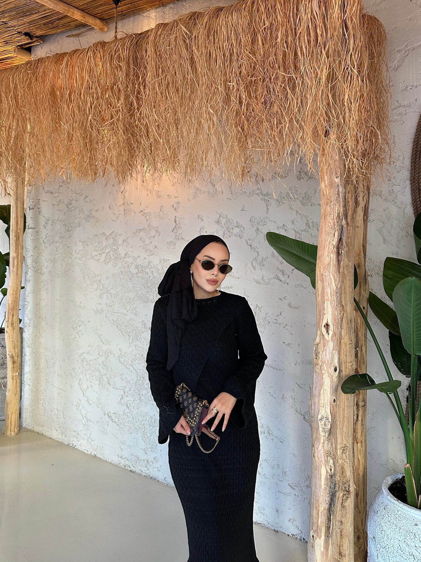 Black Lined Openwork Knit Dress