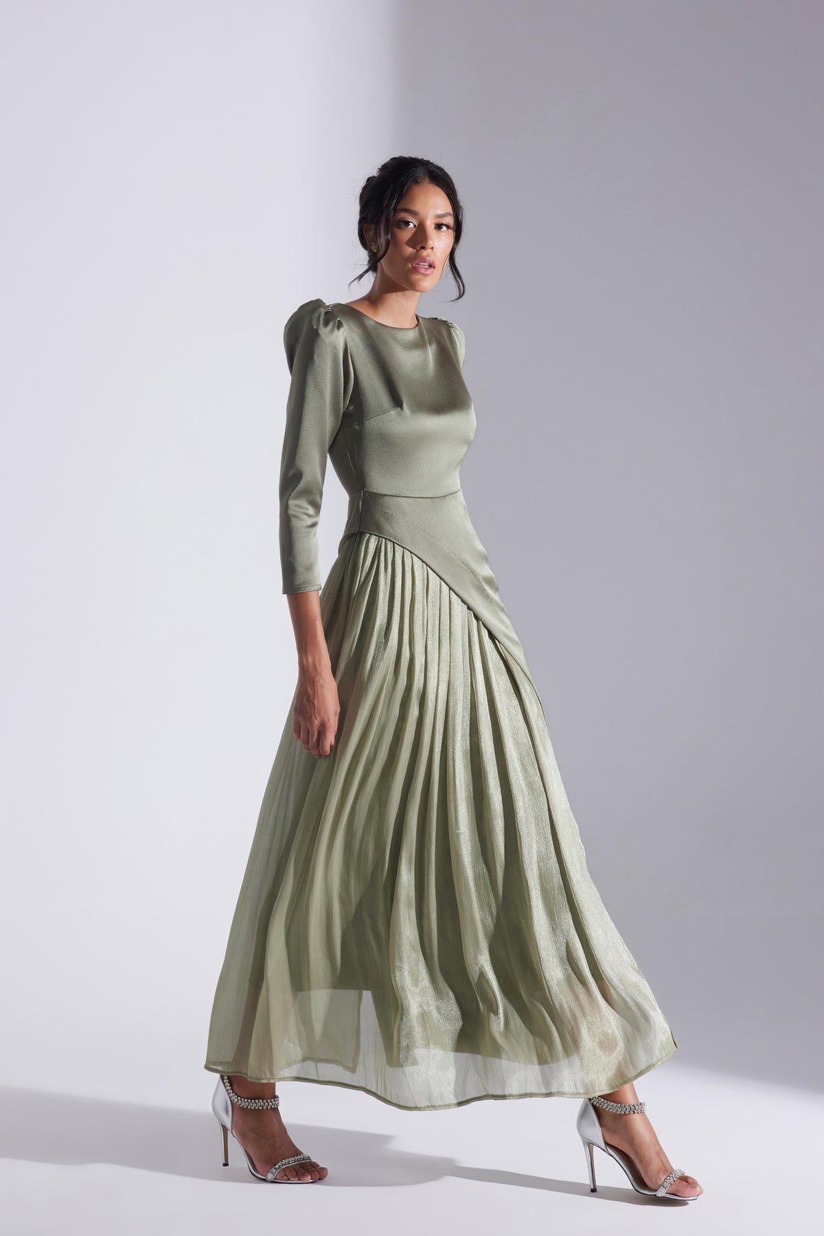 Sage Green Asymmetric Detailed Chiffon Skirt Wedding Dress
