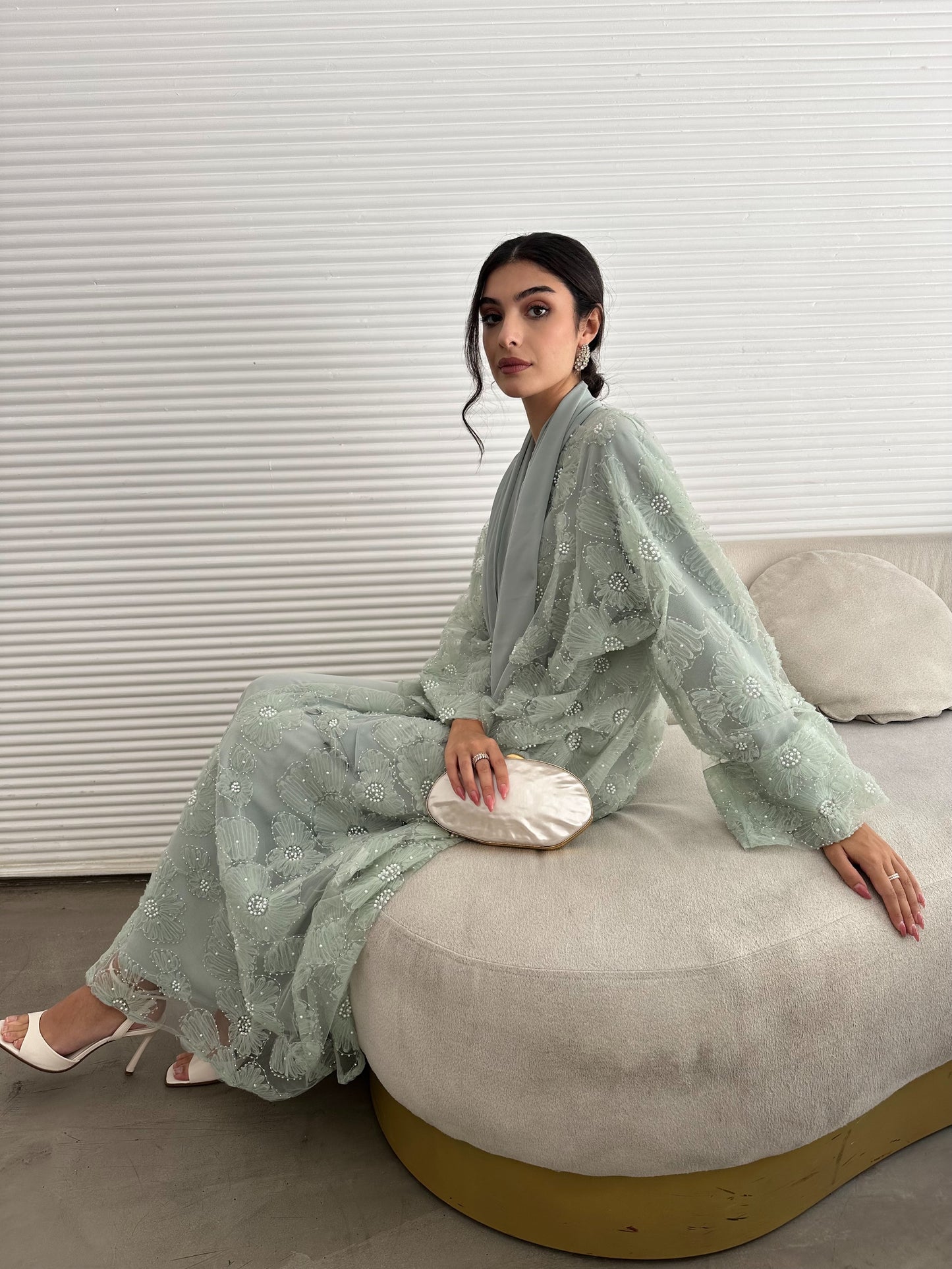 Pastel Pearls 3-Piece Abaya Set – Mint (Limited Edition)