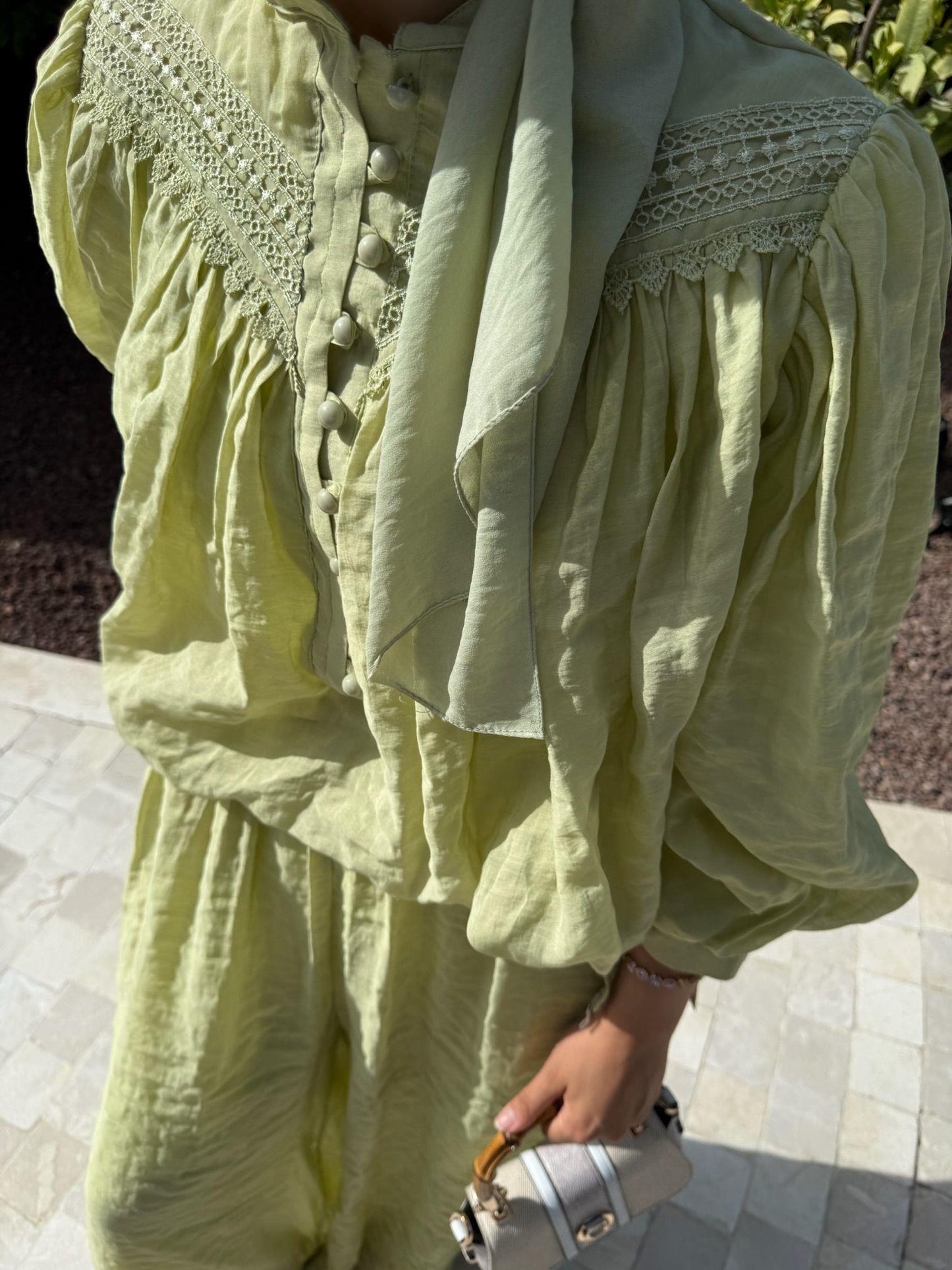 Sage Green Lace Detailed Set with Brit-Style Buttons