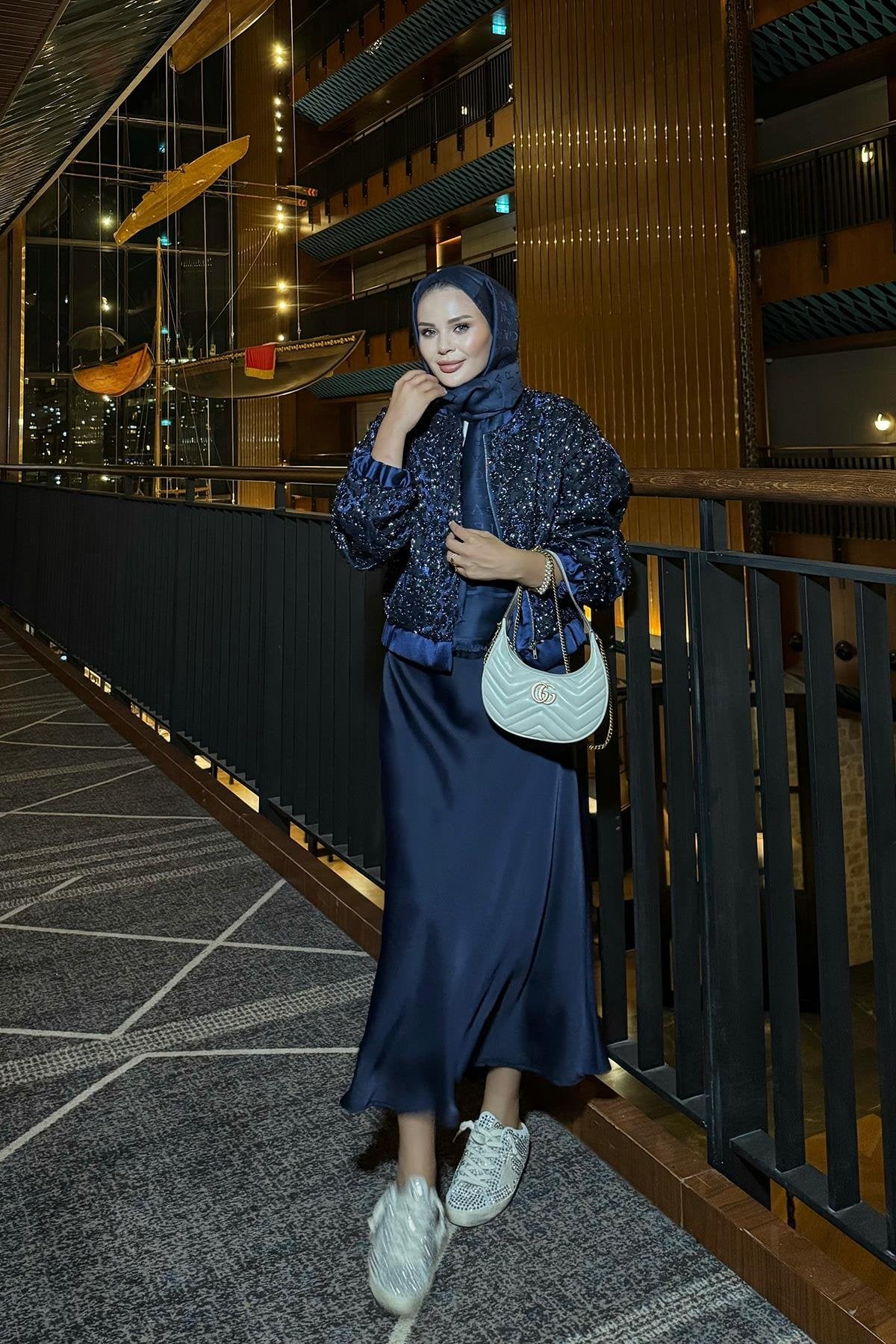 Navy Blue Satin Jacket with Sequins