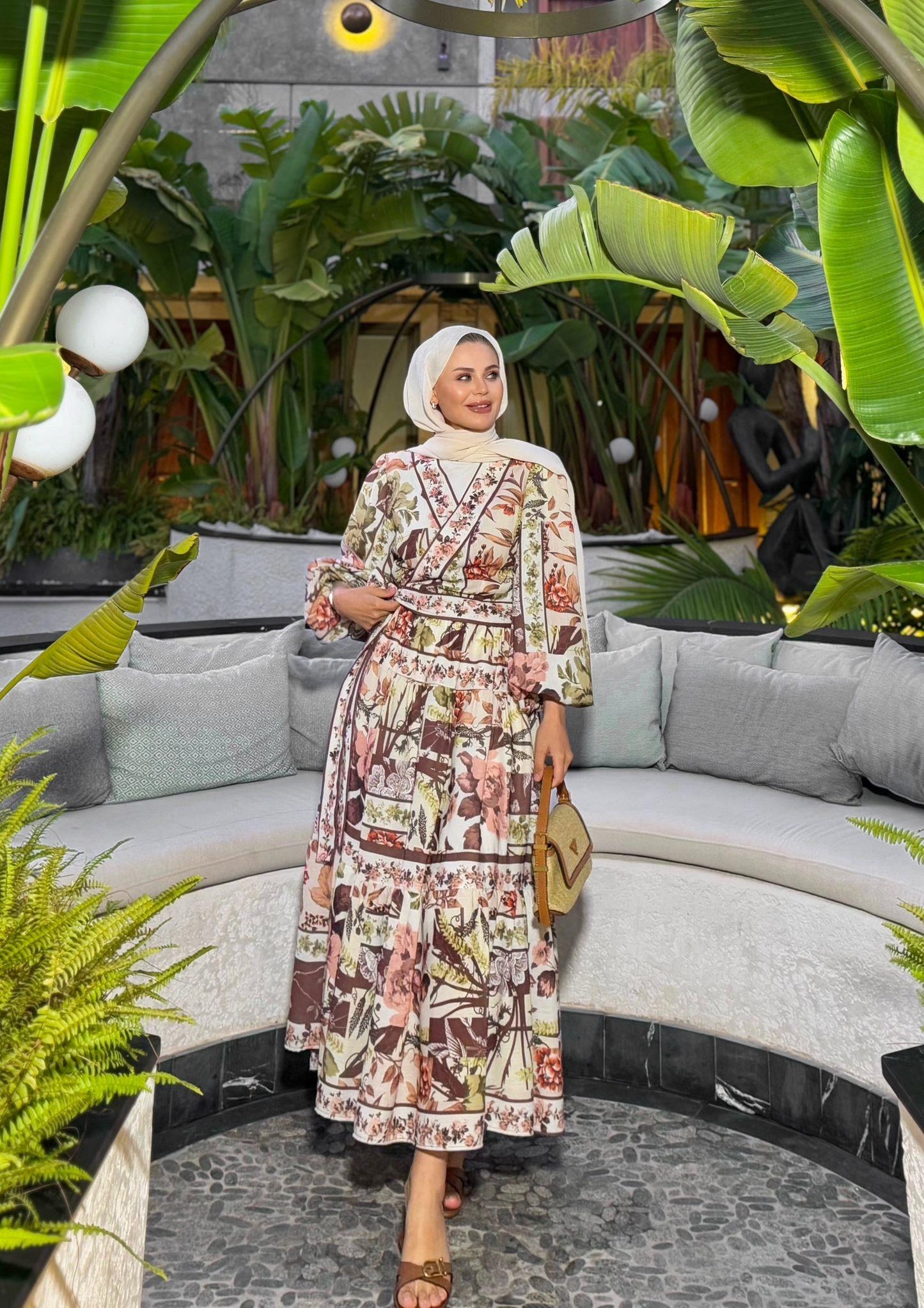Brown Tropical Print Kimono & Skirt Set