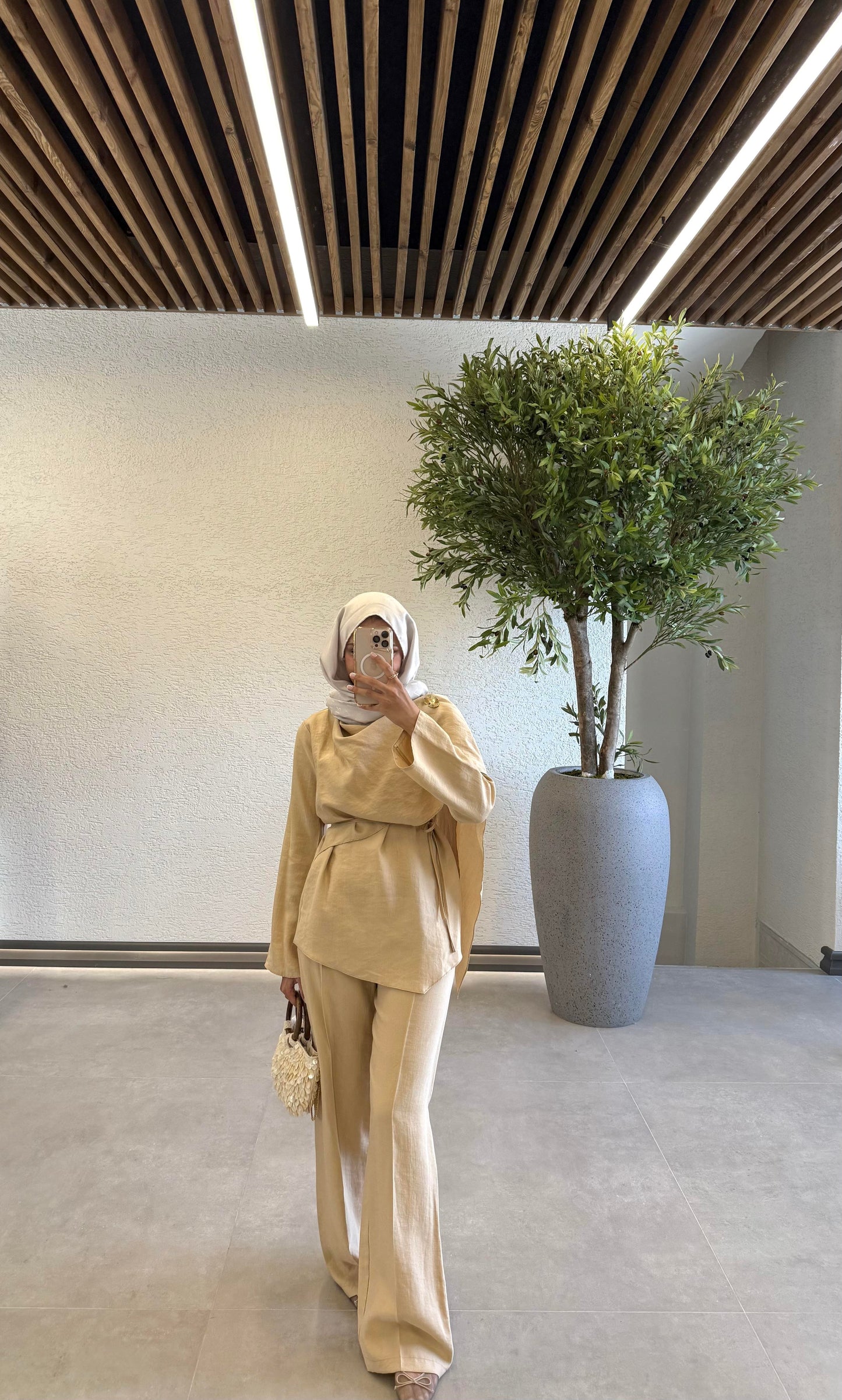 Beige Tencel Set with Brooch Detail