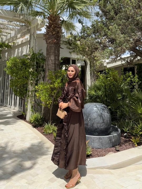 Layla Satin Brown Evening Dress with Ruffle Detail