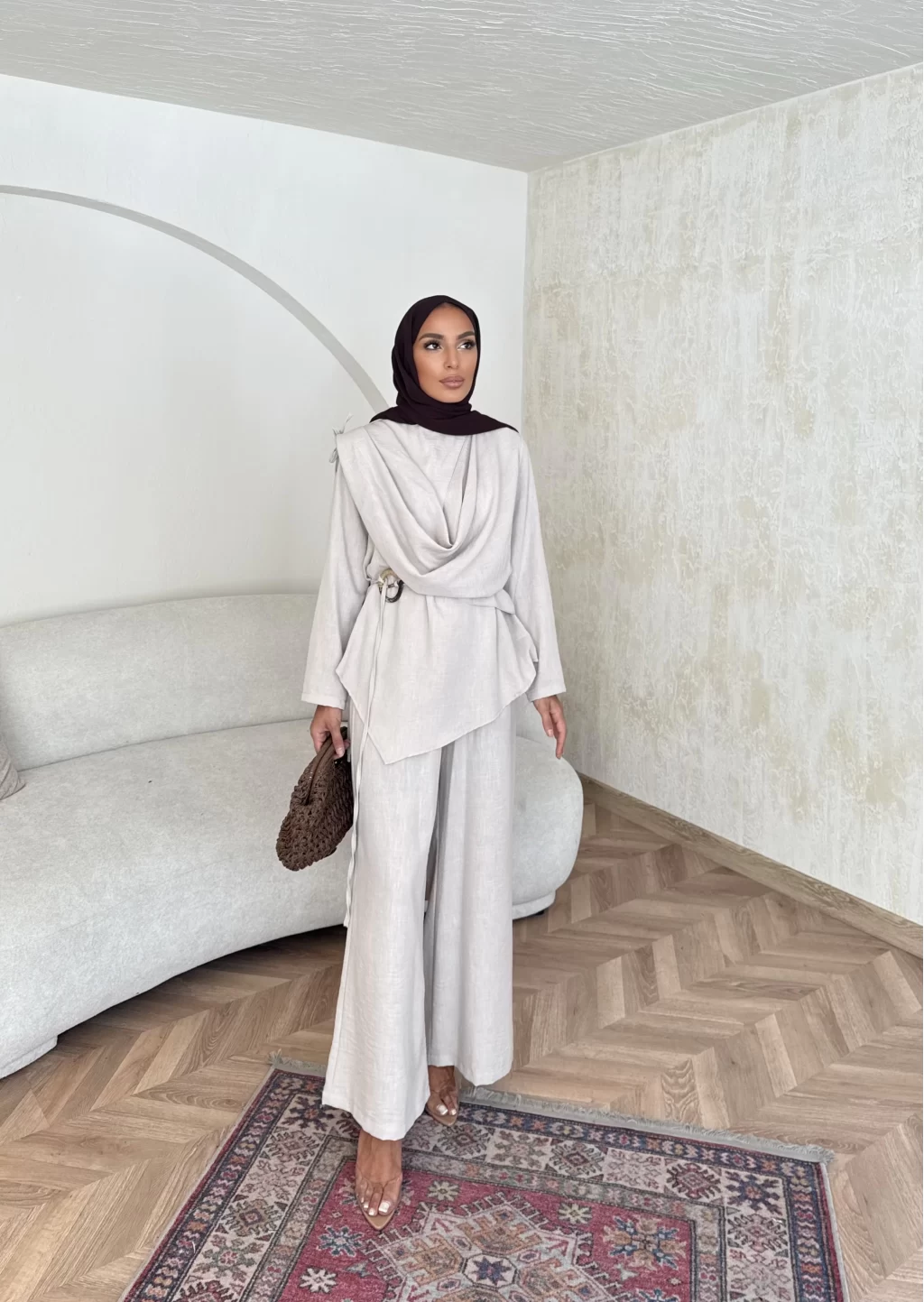 Beige Linen Shawl Collar Set