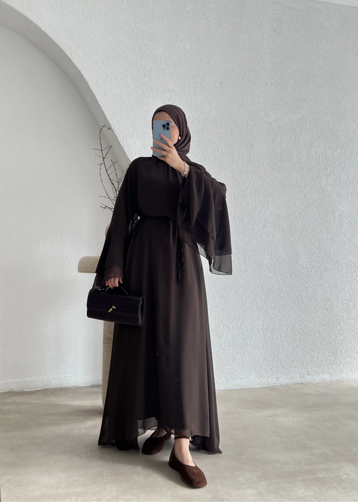 Brown Chiffon Dress with Ruffled Sleeves