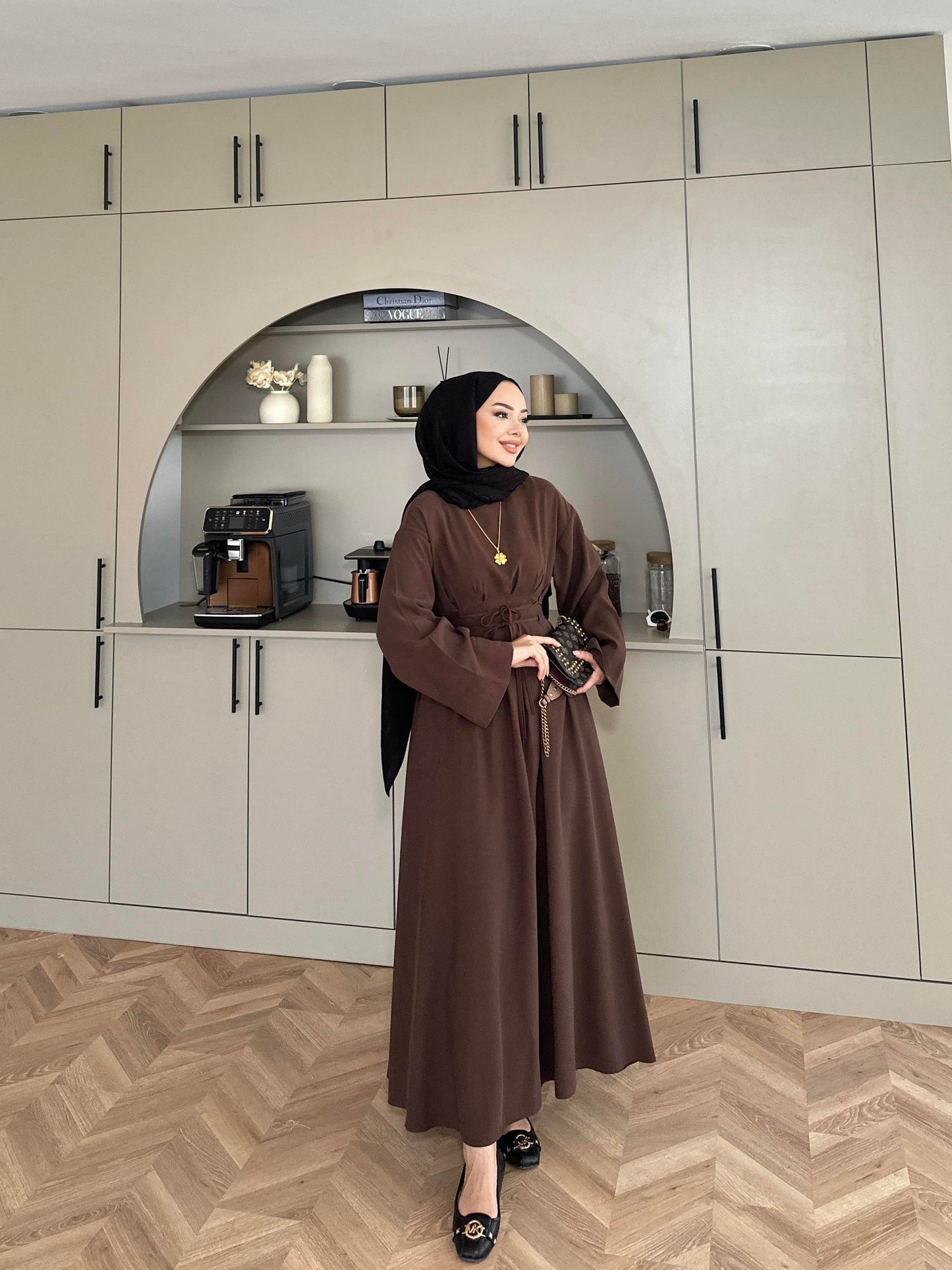 Fitted Waist Maxi Dress in Modal Fabric- Brown