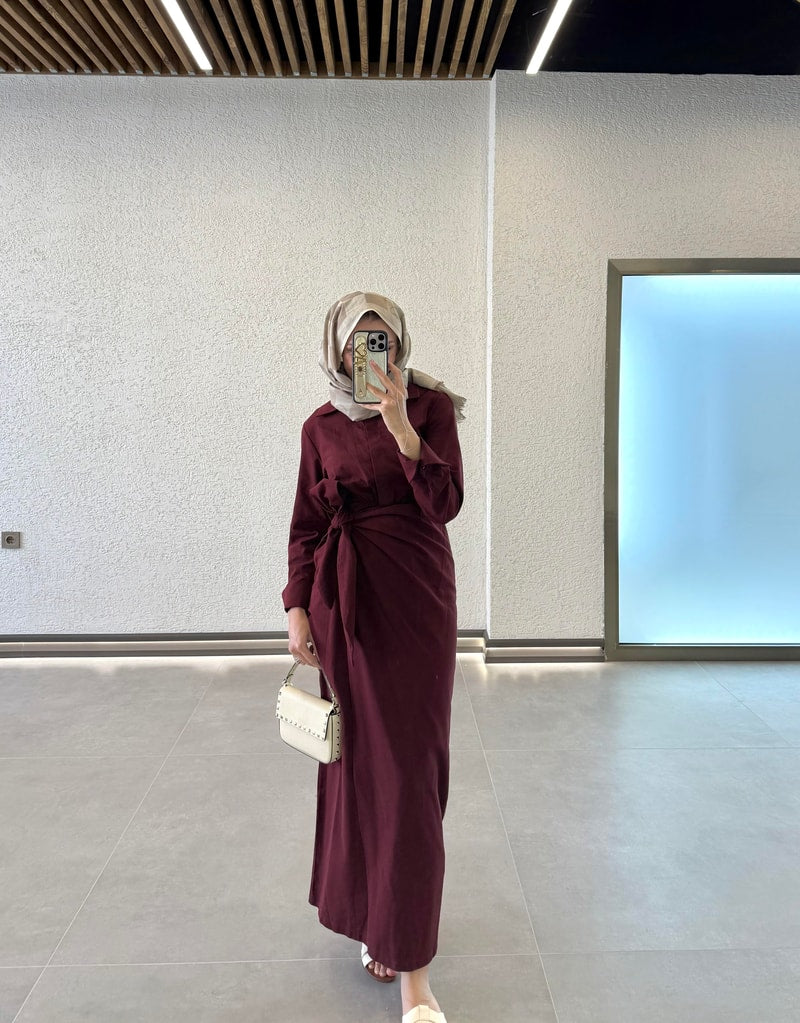 Sage Linen Tie Dress Burgundy Size 2