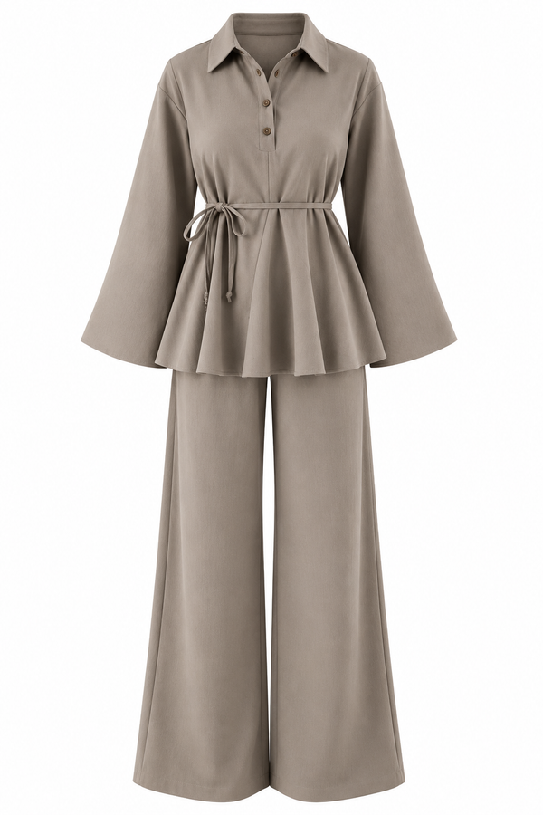 Larissa Ruffle Blouse & Trouser Set - Mink