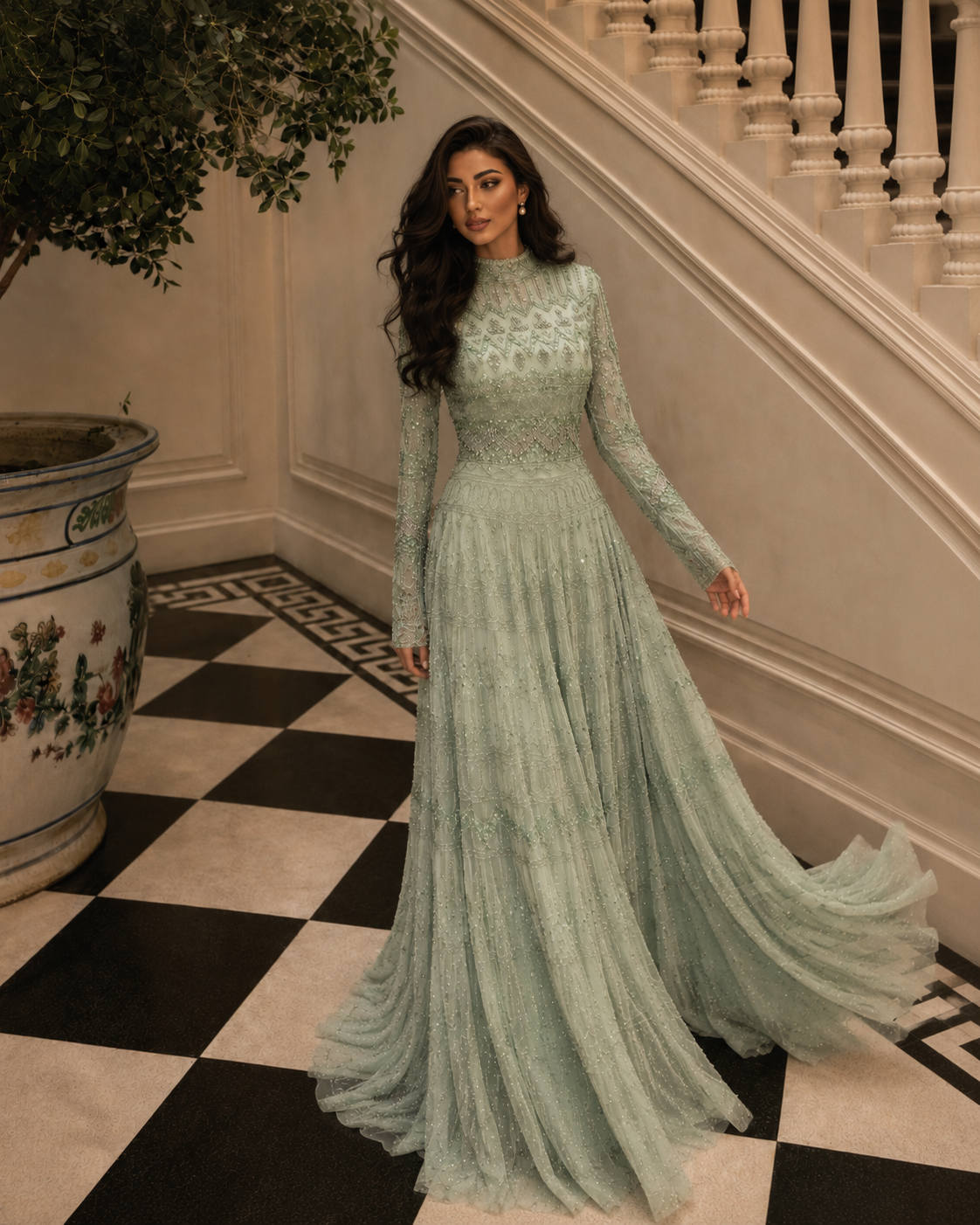 Couture Rania Full Embroidered Modest Evening Dress - Mint