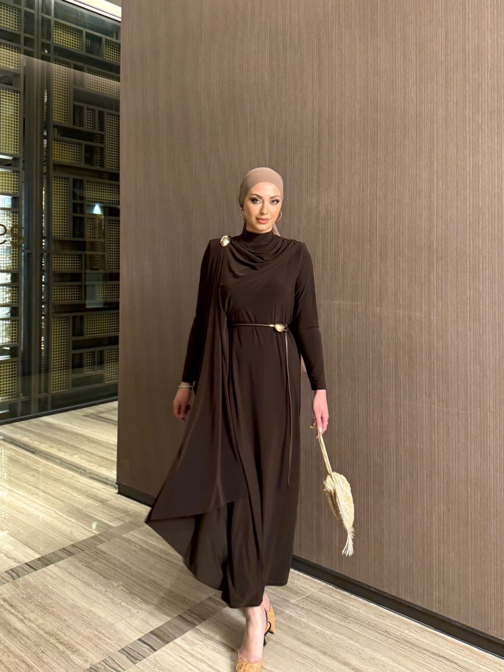 Shawl Collar Evening Dress with Brooch and Belt Detail