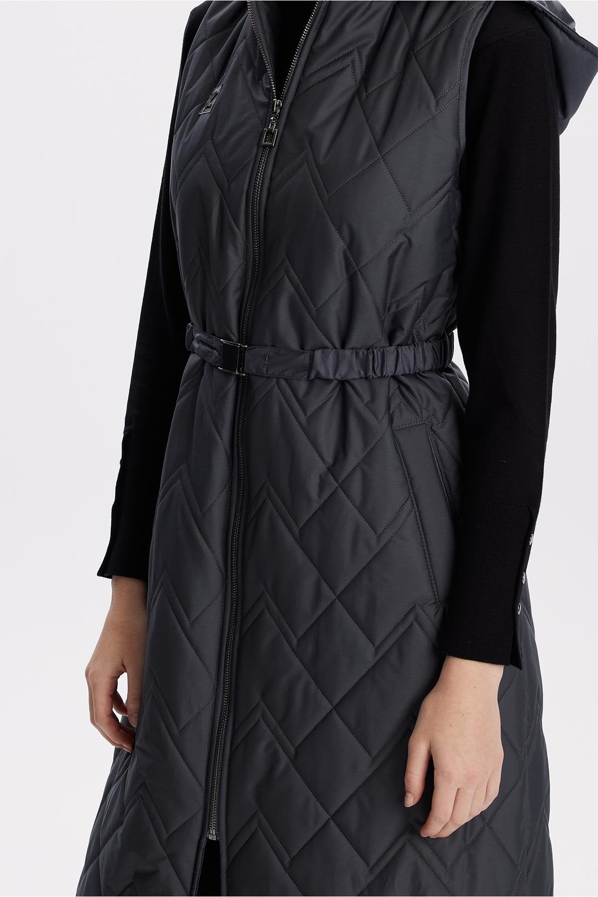 Hooded Long Quilted Puffer Vest – Black