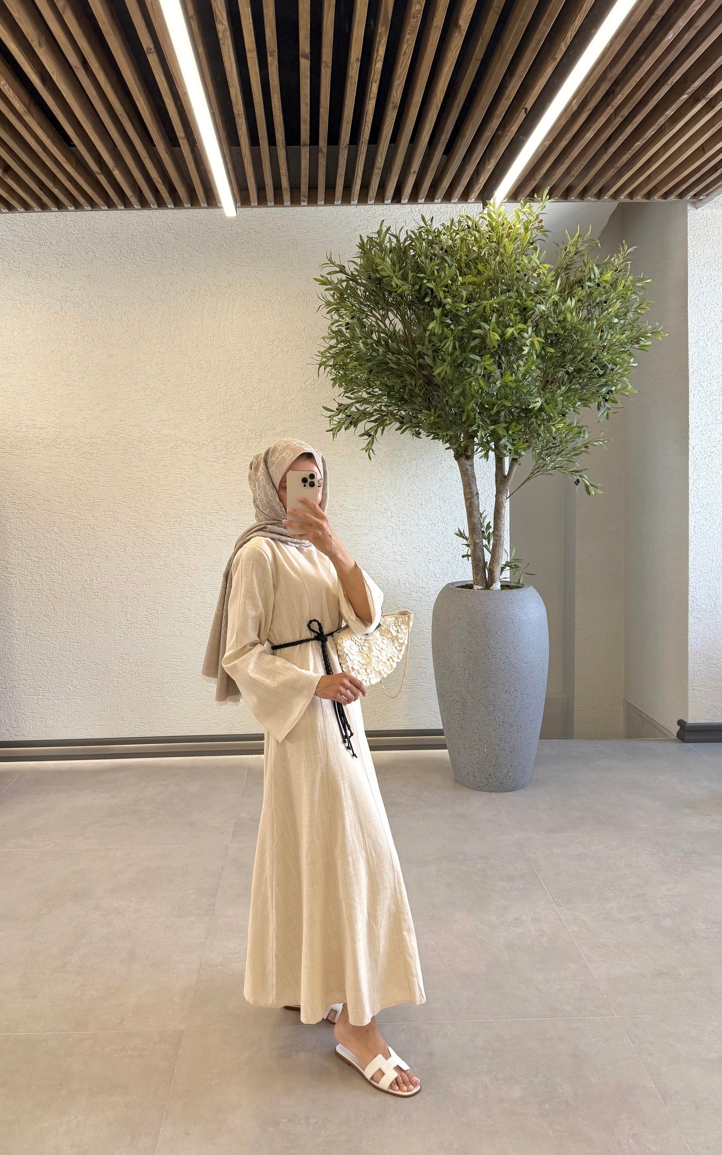 %100 Linen Belted Dress- Beige