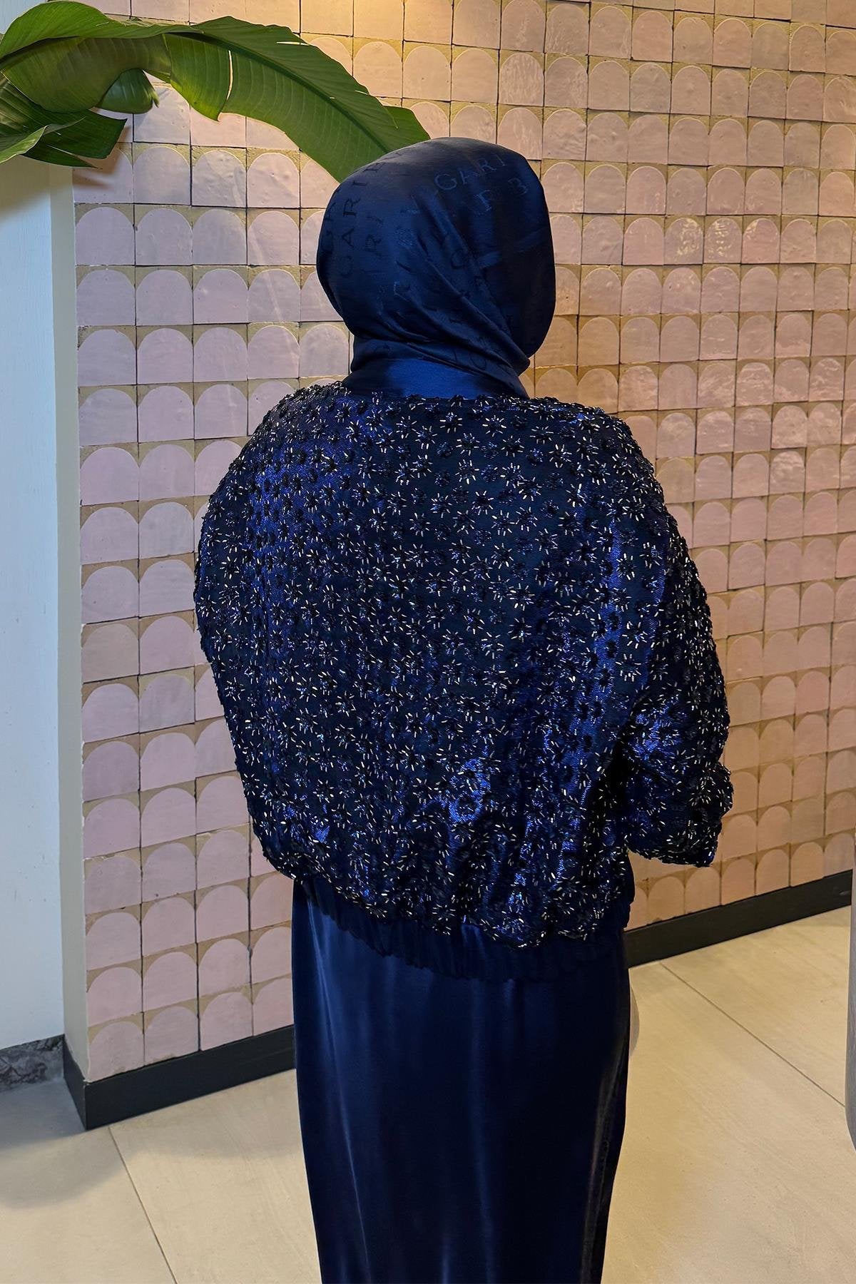 Navy Blue Satin Jacket with Sequins