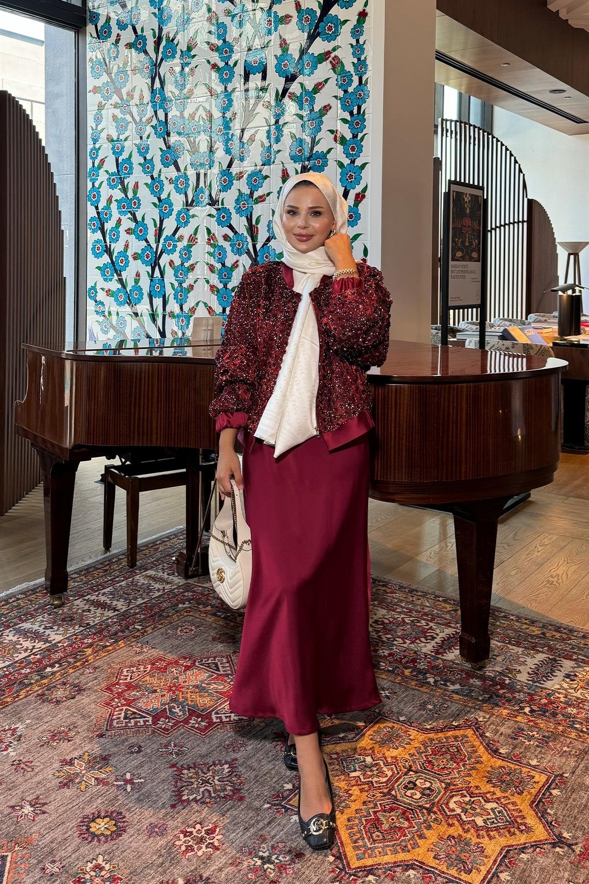 Burgundy Satin Jacket with Sequins